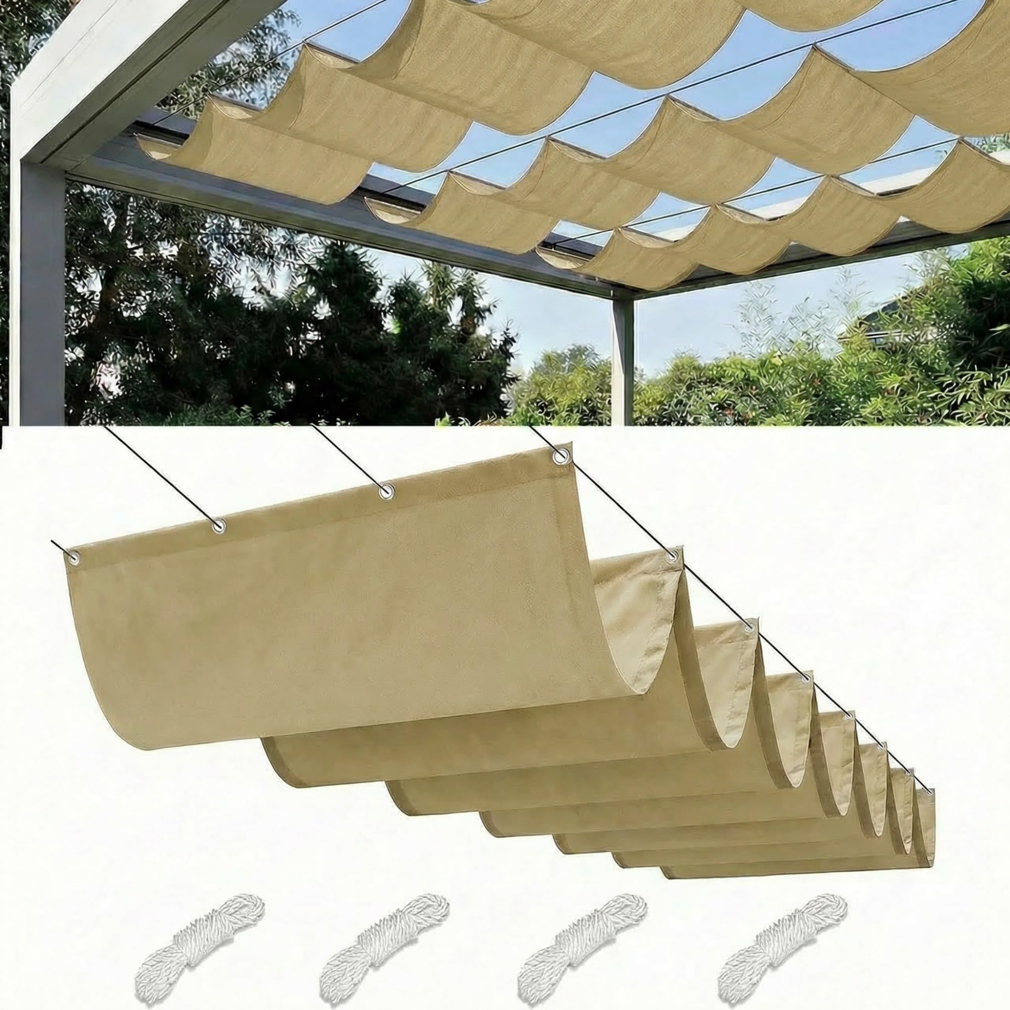 Retractable Wave Sun Shade Sail Waterproof Pergola Cover 95% UV Protection Outdoor Awning Canopy with Ropes for Patio Garden Deck Porch BBQ Shelter Privacy Screen Summer(Sand Yellow,3.5x5M(L x W)) — image 1