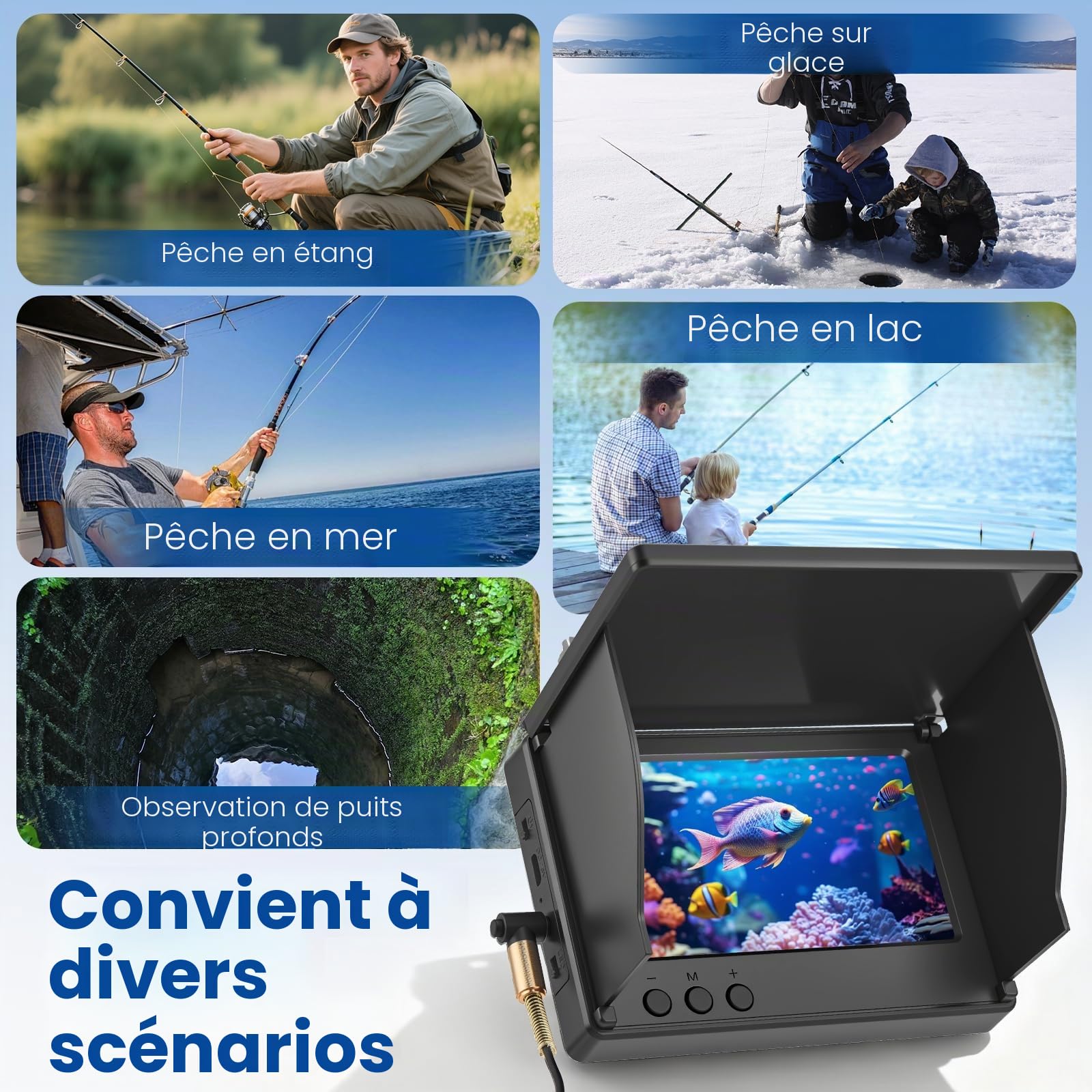 Caméra sous-marine pour la pêche, détecteur de poissons avec écran IPS de 4,3" et câble de 30 m, vision nocturne, infrarouge, grand angle, étanche IP65, pour la pêche sur glace, lac, rivière, mer et