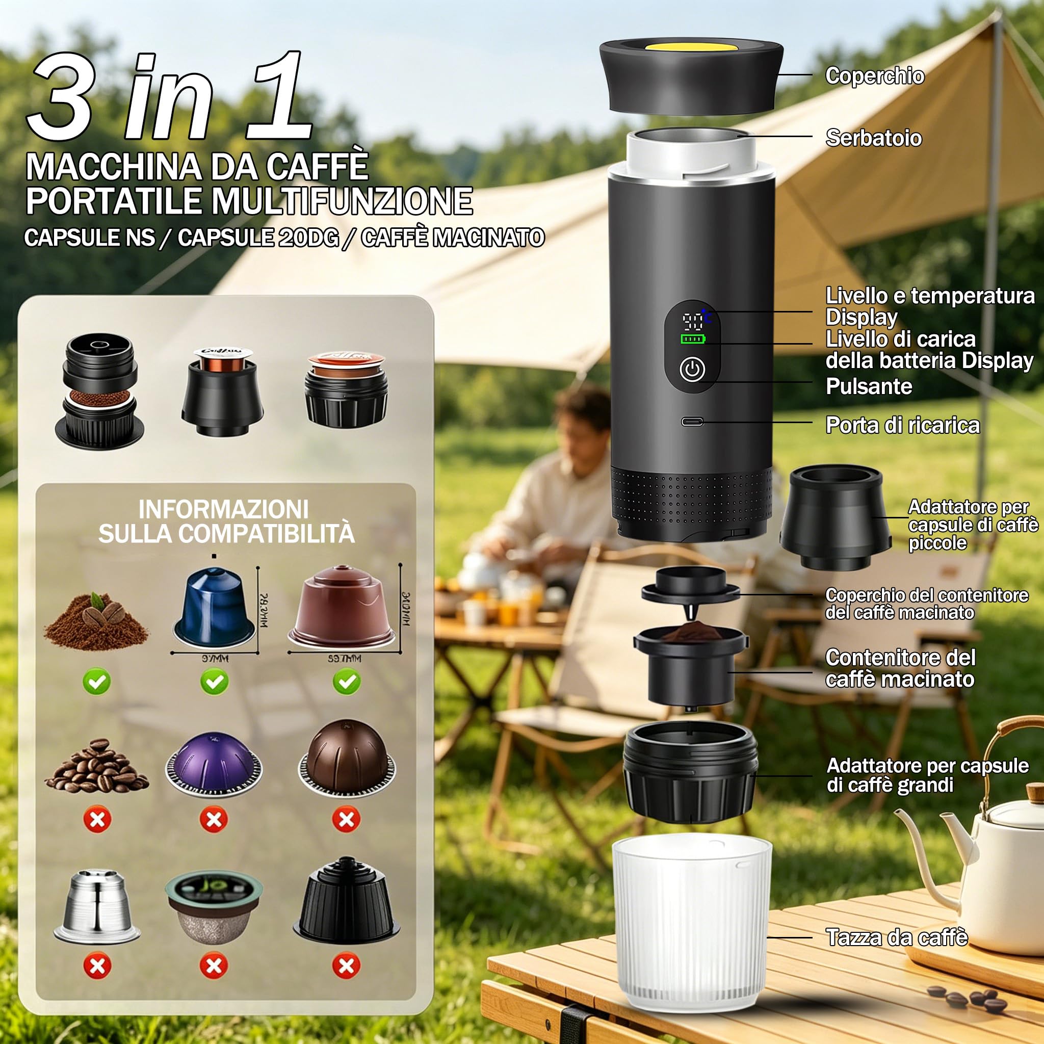 Portable Coffee Maker 3 in 1 Espresso Machine USB-C Mini Electric Hot Water Coffee Maker Compatible with Ness-Preso, Dolce-Gusto and Ground Coffee Capsules