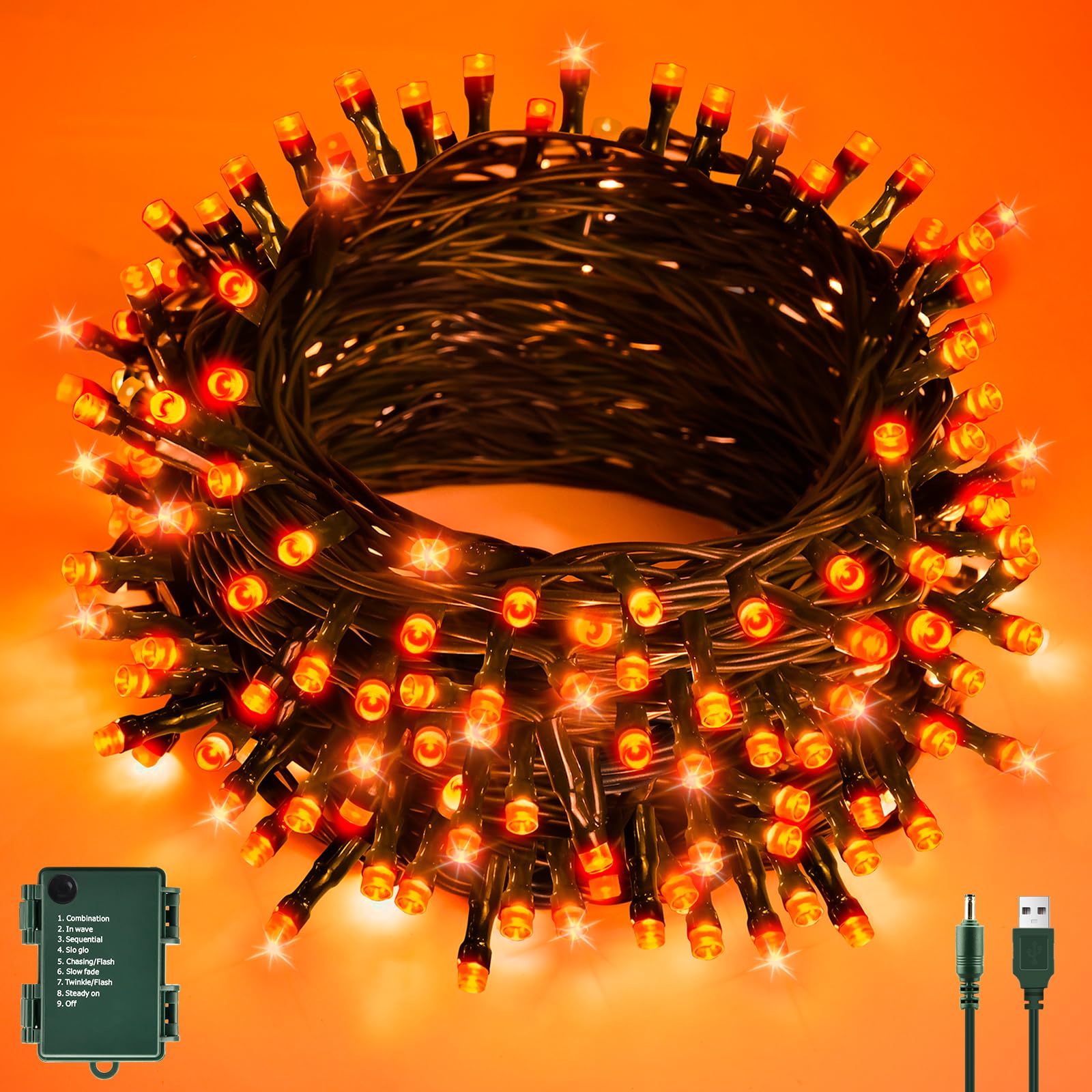 cshare Halloween Deko Orange Lichterkette Outdoor, 6M 60er Lichterketten USB/Batterie mit Timer, Wasserdicht für Außen Innen Herbst Halloween Dekorationen-Orange