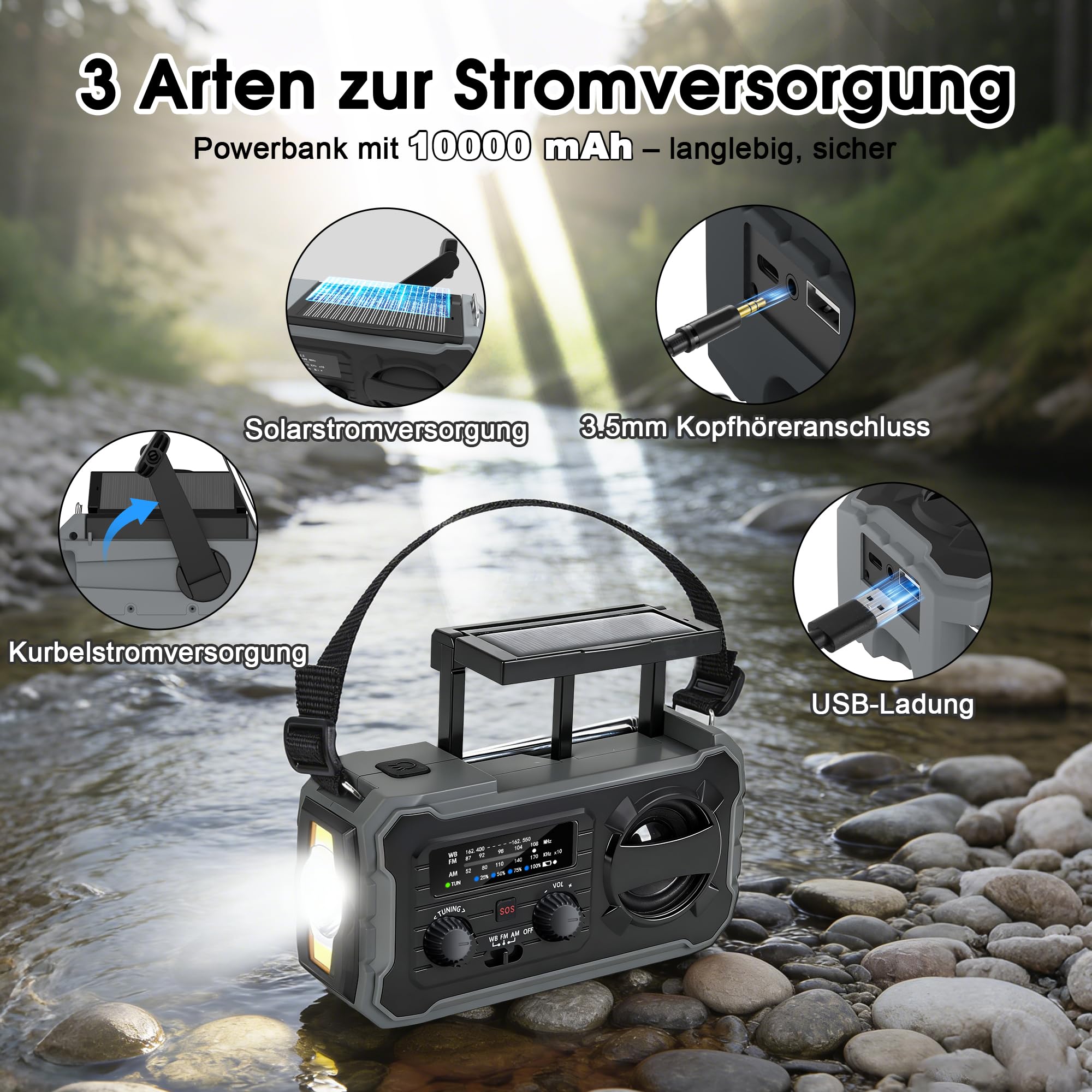 FIVAVA Radio de manivela, radio solar portátil con AM/FM, banco de energía de 10000 mAh, radio de emergencia con alarma SOS, linterna LED, generador de manivela y puerto USB para camping, ourdoor