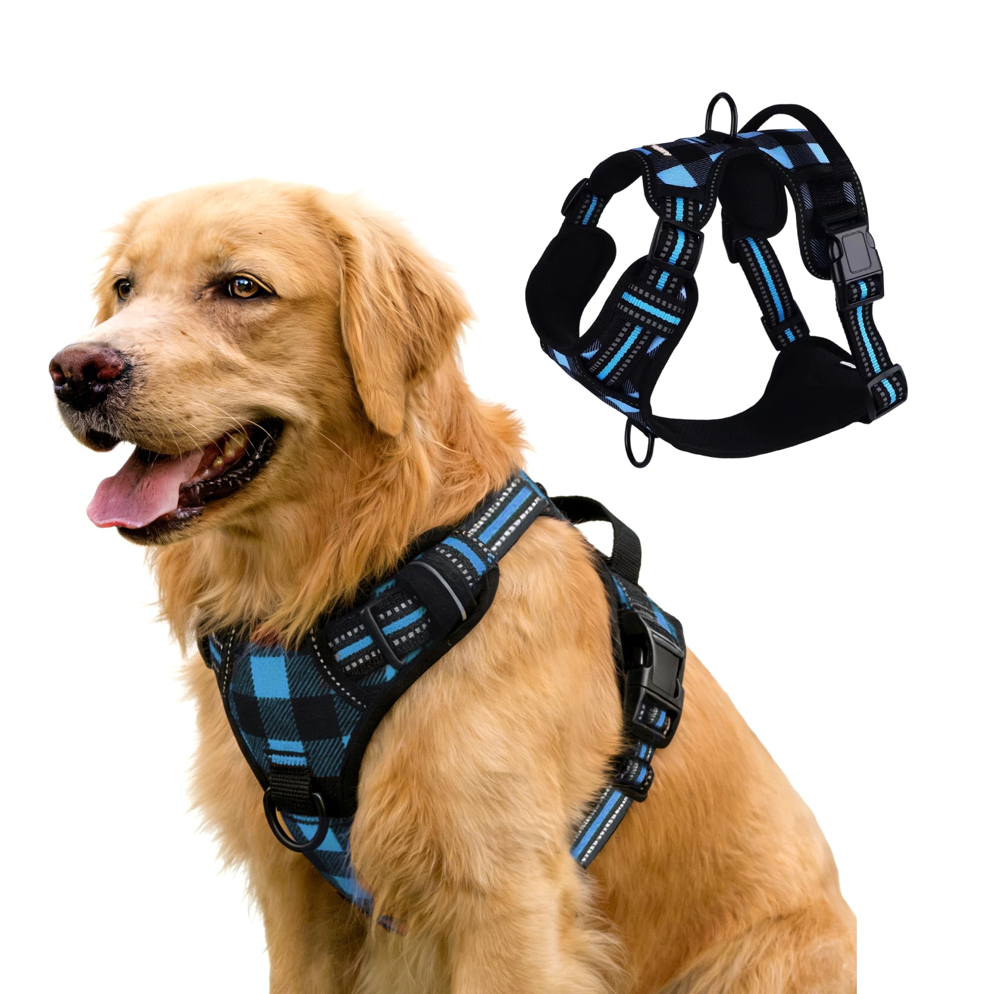 AIITLE No-Pull Dog Harness with Handle, Reflective Classic Plaid Adjustable Padded Pet Vest with Front & Back 2 Metal Leash Clips, Anti-Choke Easy Control for Small Medium Large Dogs(Blue,L)