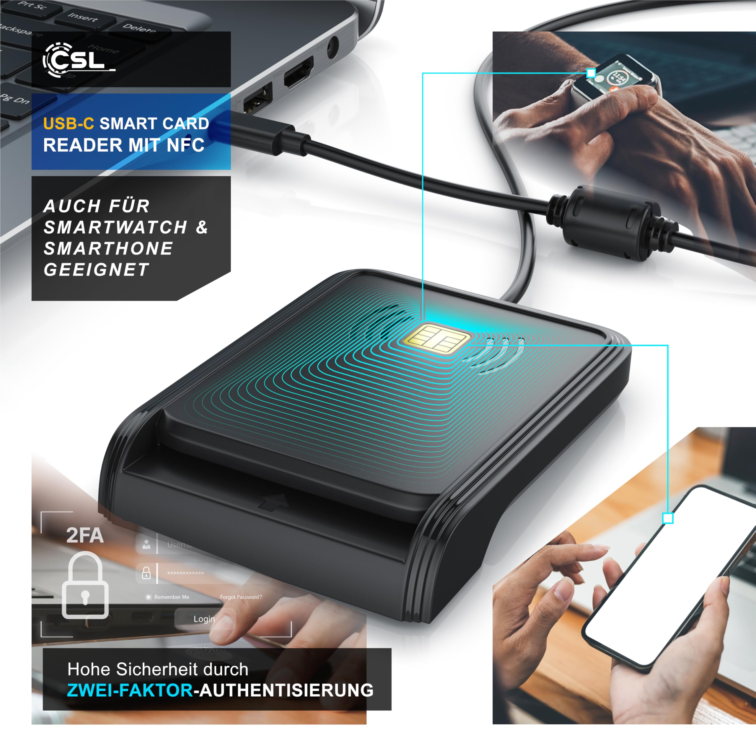 CSL - USB C Chipkartenleser mit NFC - SmartCard Reader - SIM Kartenlesegerät - ISO 7816 – ISO 14443 - Windows 7-11 - für den neuen Personalausweis Krankenkassenkarten Bankkarten - kein EPA
