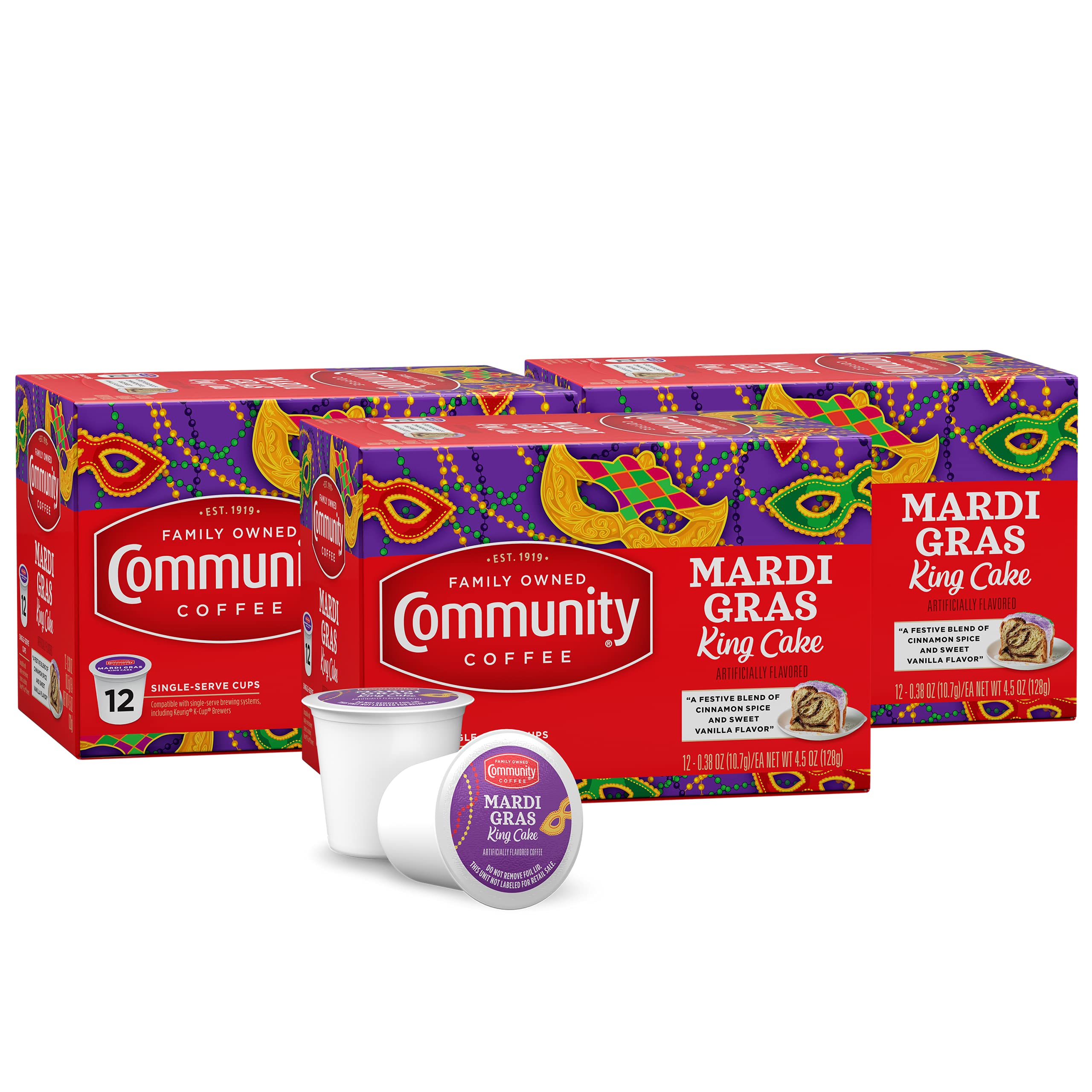 Community Coffee Mardi Gras King Cake o smaku 36 kapsułek do kawy, średnia palona, kompatybilna z zaparzaczem Keurig 2.0 K, 12 szt. (3 sztuki)