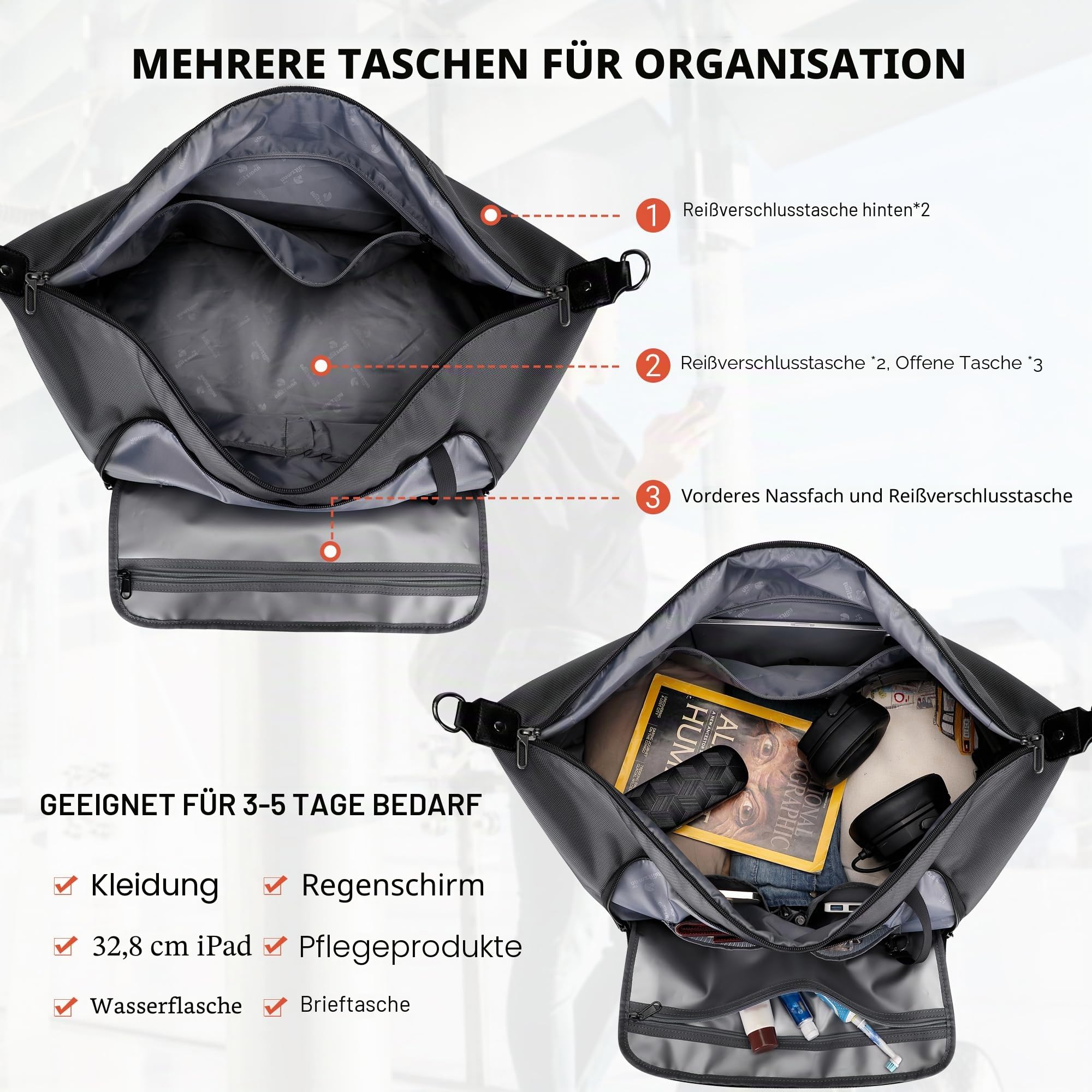 WITZMAN Reisetasche Herren 55L Nylon Weekender Duffle Bag mit Kulturbeutel | Mehrere Taschen mit Schuhfach und Nassfach, Handgepäck Flugzeug, Konvertierbar für Reisen, Sport, Weekender, B696 Silbergrau