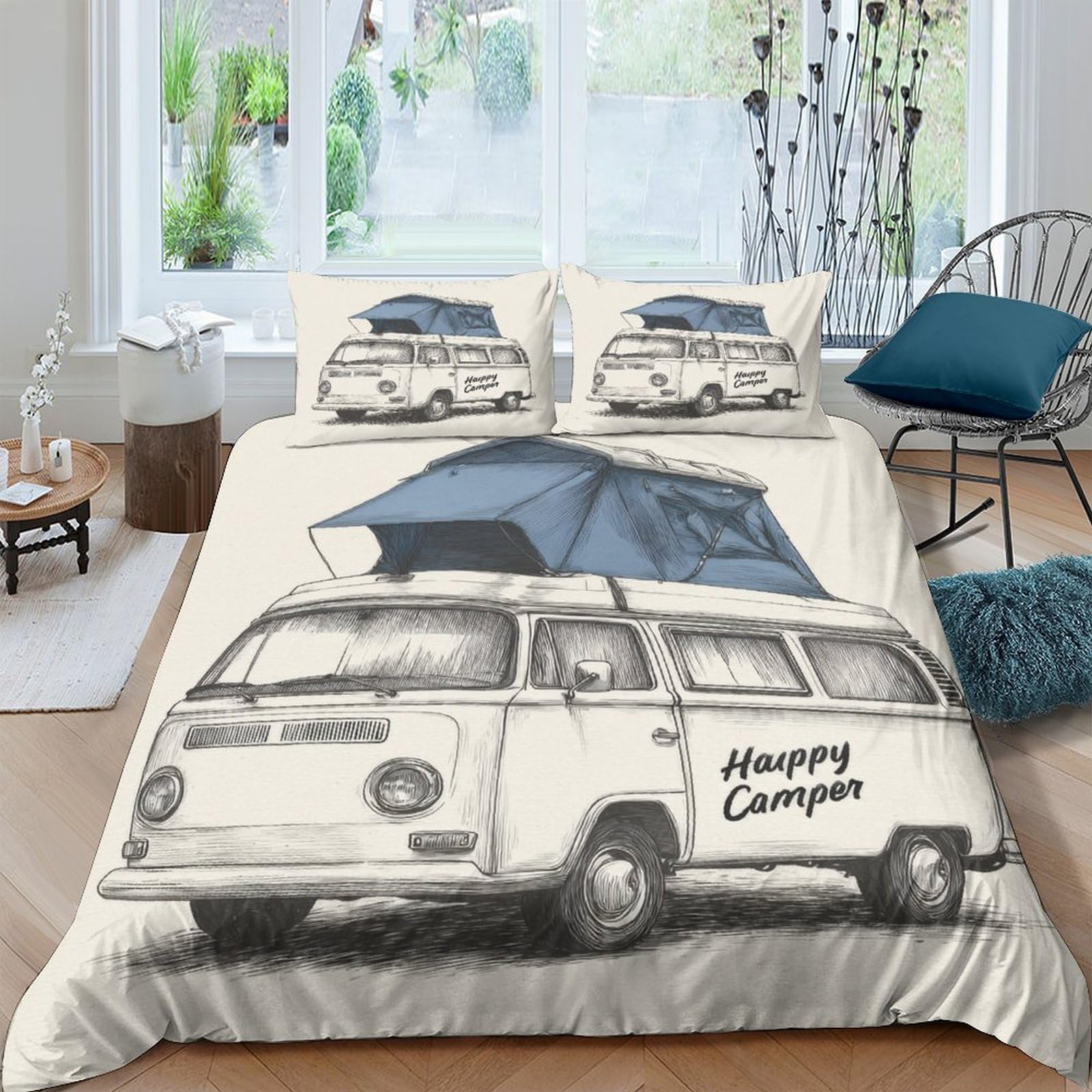 Ctjqhvkz Style-5 3D Printed Vintage Campervan Fitted Sheet Microfiber Soft Breathable Blue Tent Mattress Cover For Bedroom Dorm Decor Single（135X200cm）