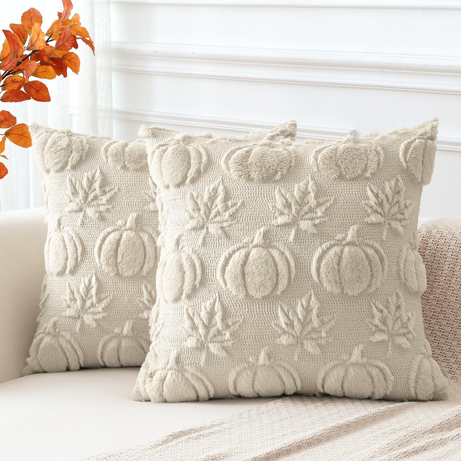 Artscope Fall Cushion Covers Set of 2 Autumn Pumpkin Maple Leaves Throw Pillow Covers for Sofa Couch Bed Living Room Soft Plush Short Wool Velvet Farmhouse Pillowcases 50x50cm Cream Beige โ image 1