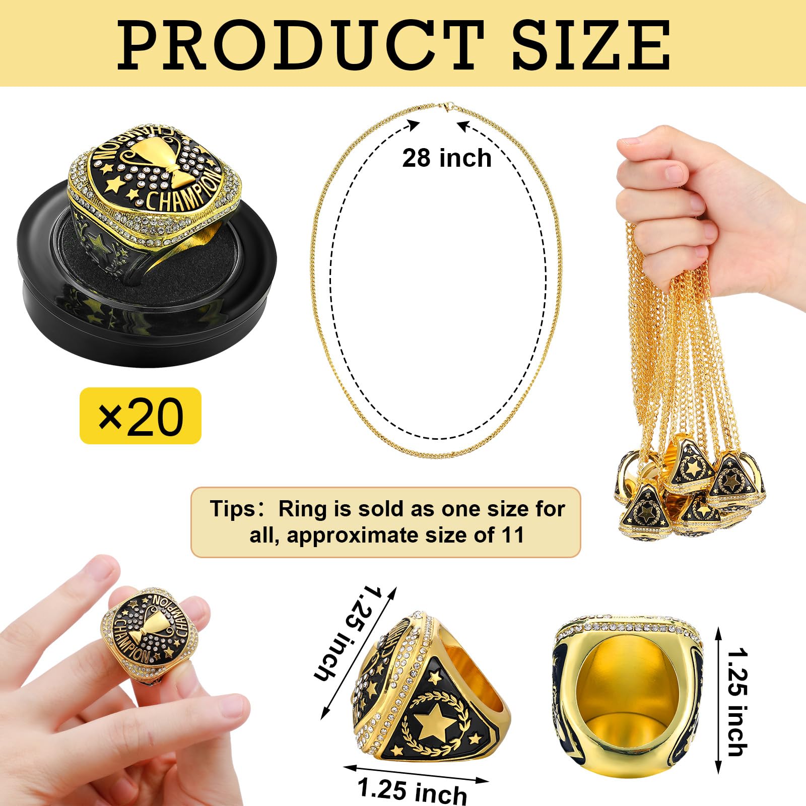 Highergo 20 Pcs Basketball Softball Championship Rings with Display Neck Chain and Stand Baseball Volleyball Soccer Trophy Rings Bulk for Tournament Award Gift(Gold,Championship)