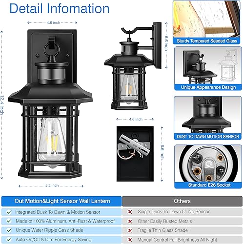 Miniatura 6 de VIANIS Paquete de 2 luces exteriores con sensor de movimiento, luces exteriores del atardecer al amanecer para casa, aplique negro para exteriores,