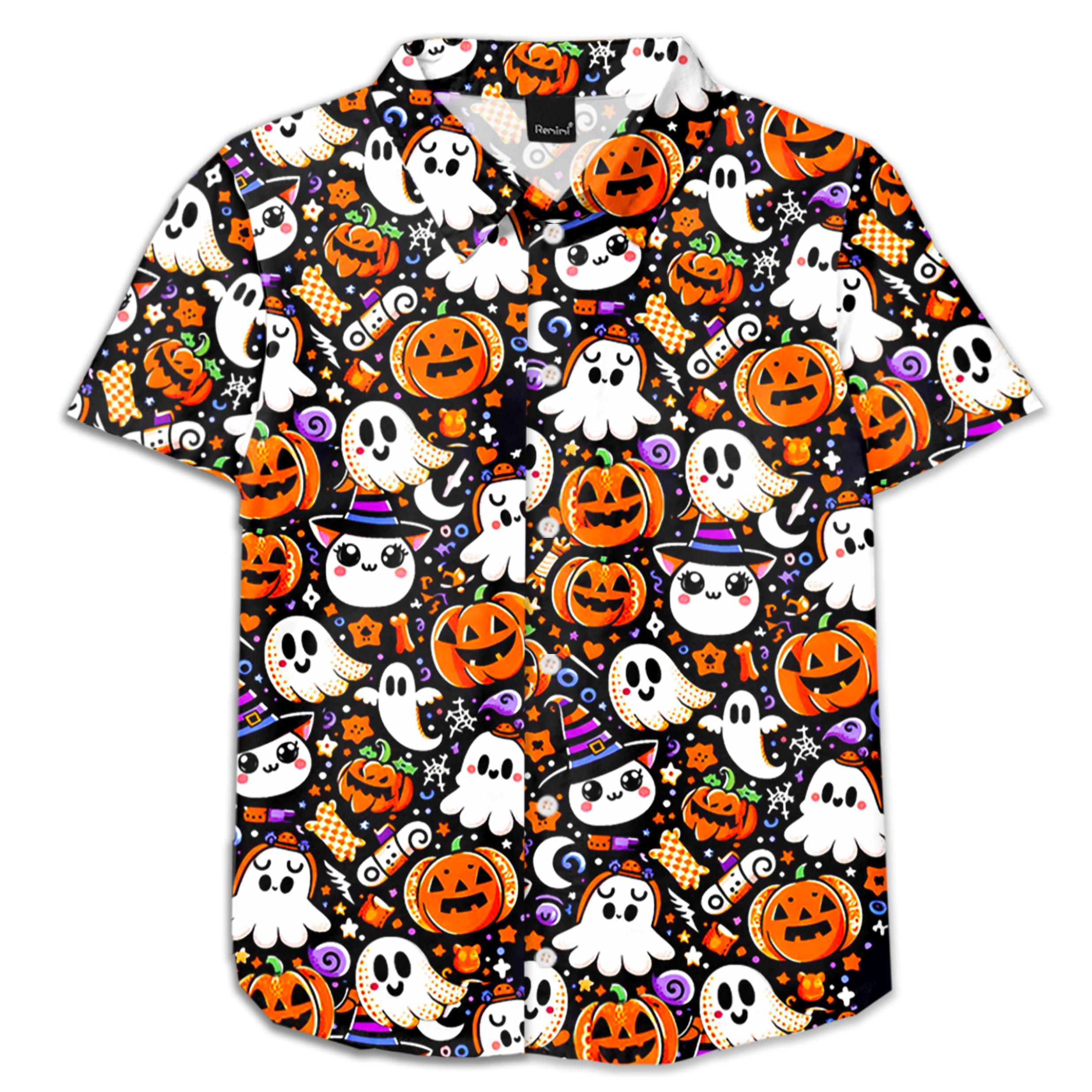 Remimi Unisex Kids Halloween Shirt Boys Pumpkin Ghost Shirts Hawaii Button Up Tops 5-14 Years