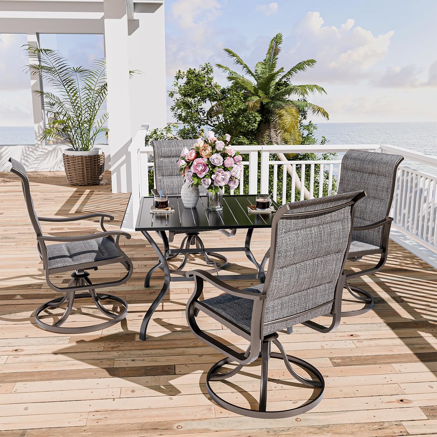 UDPATIO Patio Swivel Chairs Set of 4, Outdoor Swivel Chairs High Back with Padded All Weather Breathable Textilene, Metal Rocking Frame for Backyard Lawn Garden, Dark Grey