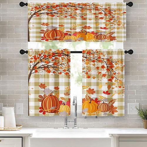 Arttown Cortinas de cocina de otoño con diseño de calabaza, juego de cortinas de ventana y cenefas de 36 pulgadas, cortina de niveles cortos de