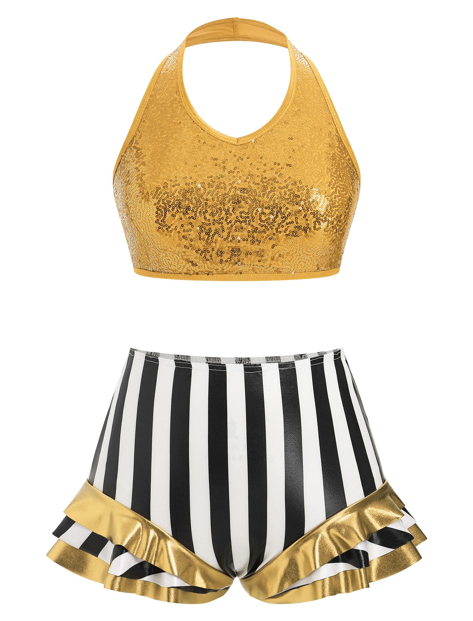 AFAVOM Women Trapeze Artist Circus Acrobat Costume Halter Backless Sparkle Sequin Bra Top + Striped Ruffle Dance Shorts for Stage Performance Dancewear Gymnastics Ballet Leotard Lyrical Outfit Gold XS