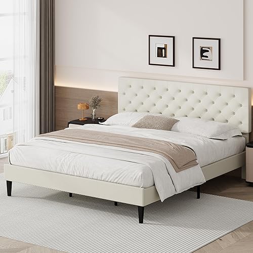 Miniatura 65 de BarnFurin Base de cama de tamaño matrimonial con cabecero, cama de plataforma tapizada con cabecera capitonada con botones ajustables, marco de cama
