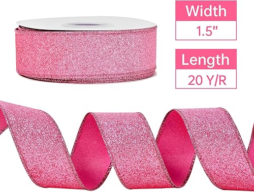 Miniatura 2 de YAMA Cinta con alambre con purpurina, rosa, 1-12 pulgadas x 20 yardas, para Navidad, envoltura de regalos, coronas, manualidades, arco y decoración