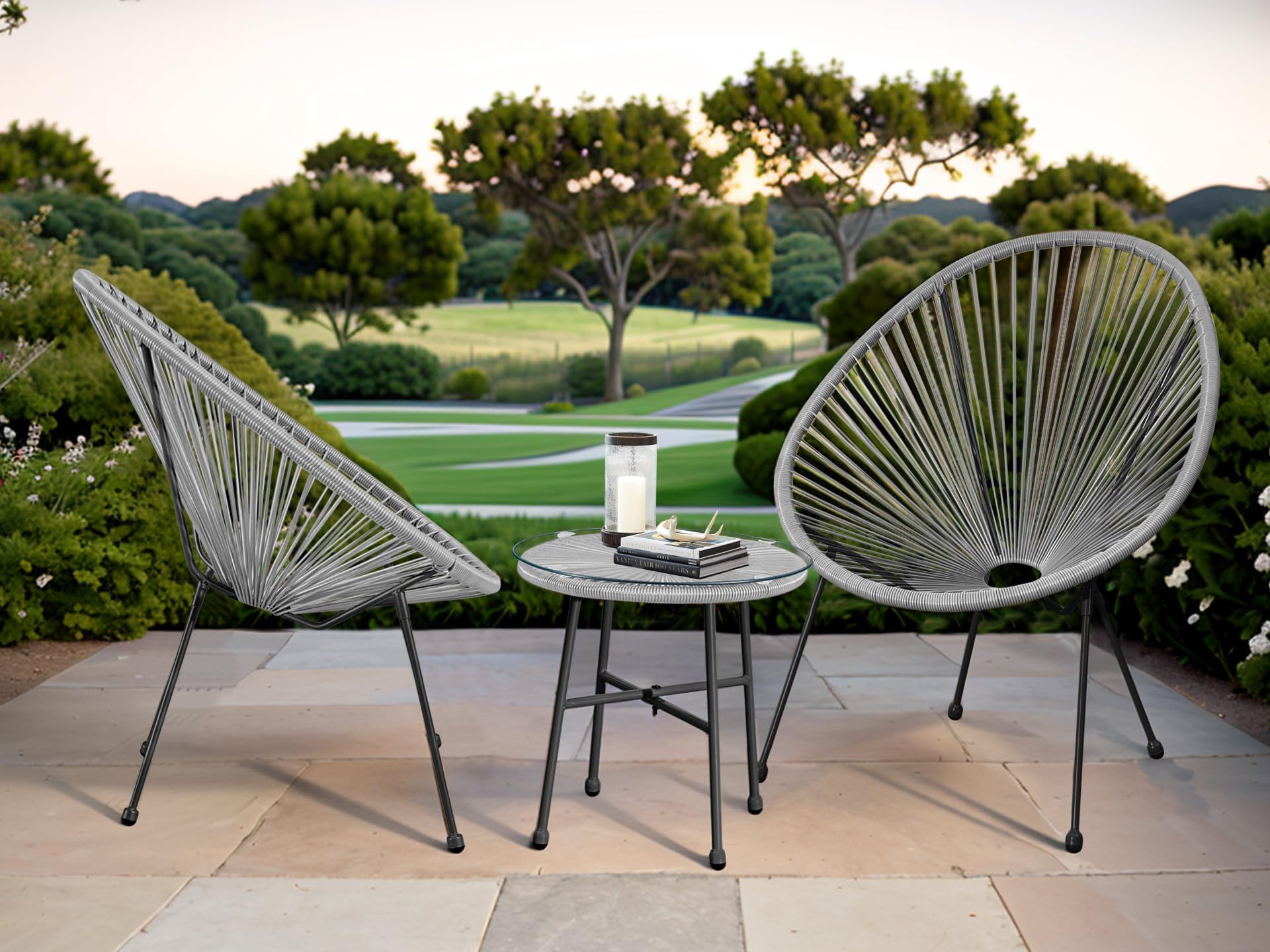 XEO HOME Bistro Table and Chairs Set 2 Bistro Sets For 2 For Garden Rattan Strig Outdoor Egg Patio 2-Seater 3 Pieces for Balcony Backyard Porch Lawn Conversation Set Glass Top Dining Table (Gray)