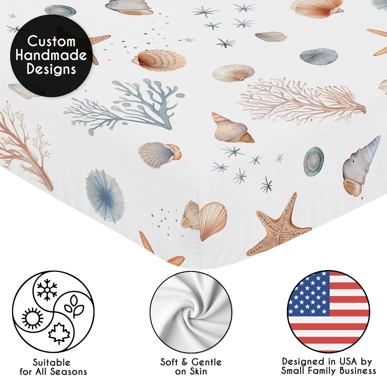 Sweet Jojo Designs 2-Piece Baby Crib Sheets Set (Ocean Seashells) for Boys or Girls, Infant Nursery, Toddler Room - Standard Size (Gender Neutral, Nautical, Beach Theme, Starfish, Watercolor, Coastal)
