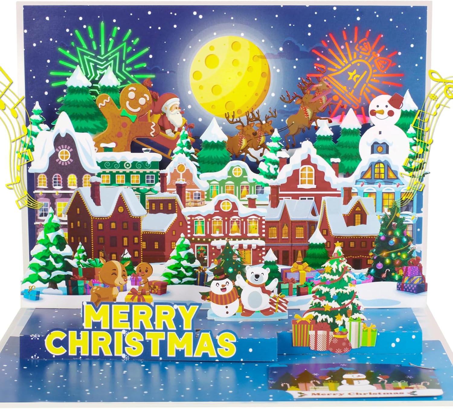 3D Pop-Up Christmas Card with firework Lights & Music – Gingerbread House Holiday Greeting Card Holiday Card for Kids, Men, Women, Family Xmas Cards (Envelope Included)