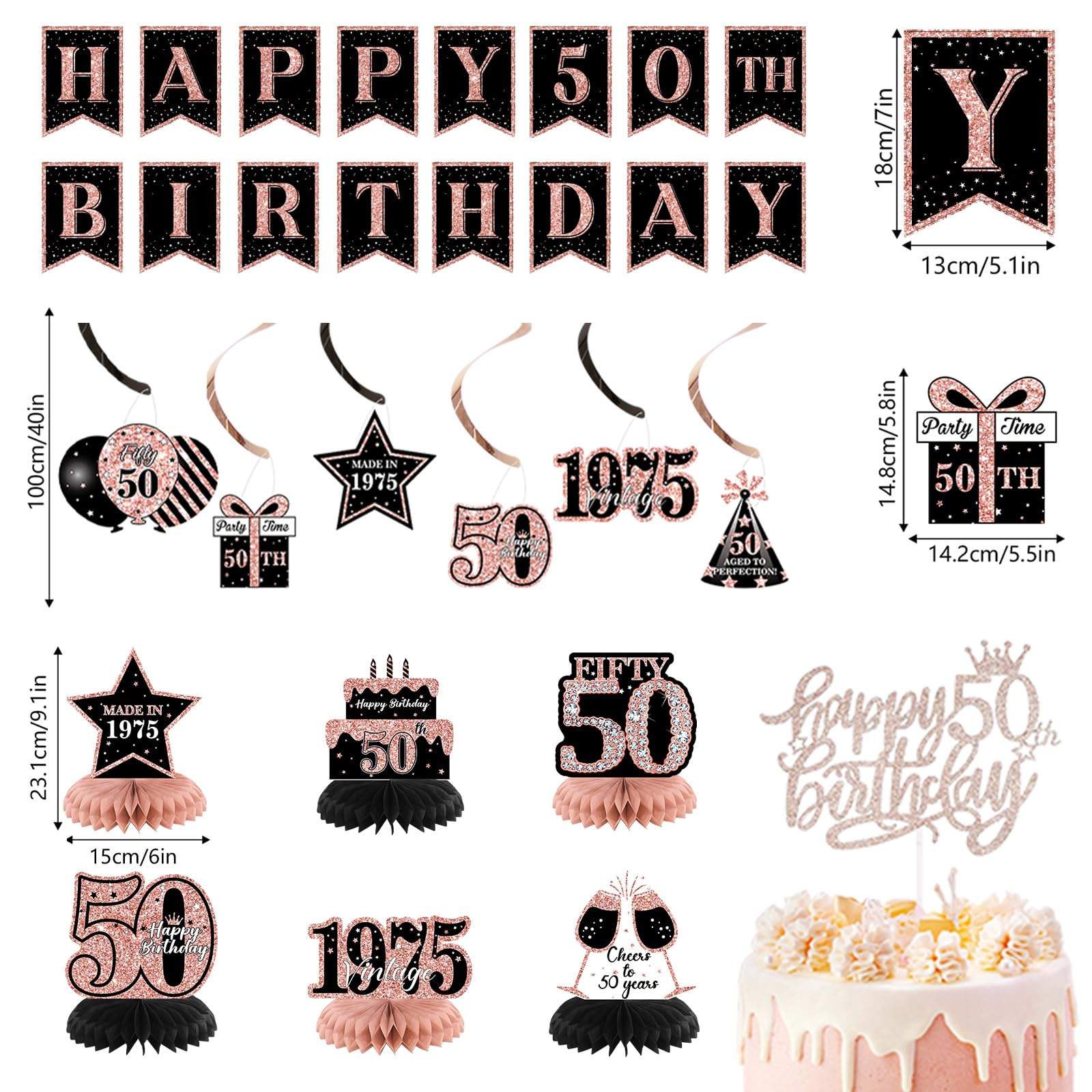 50th Birthday Decorations for Women, Rose Gold Back In 1975 Birthday Banner Decorations, Happy 50th Birthday Cake Topper, Balloons, Backdrop, Sash Party Supplies for Women