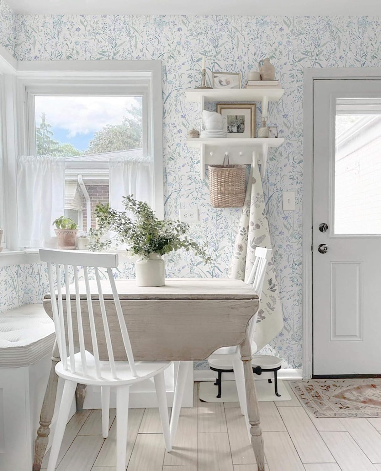 Heroad Floral Peel and Stick Wallpaper Boho Contact Paper Morandi Watercolor Sage Green Blue Flower Wallpaper Modern Wall Paper for Bedroom Removable Self-Adhesive Thicken Decoration 17.3" x 393"