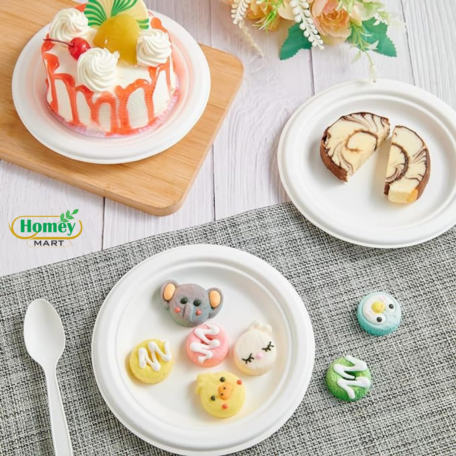 Disposable Extra Strength White Super Rigid Bagasse Plates 18cm Round 100% Compostable Biodegradable Sugarcane Plates for Family Events Schools Office BBQ Picnics Parties - Image 3