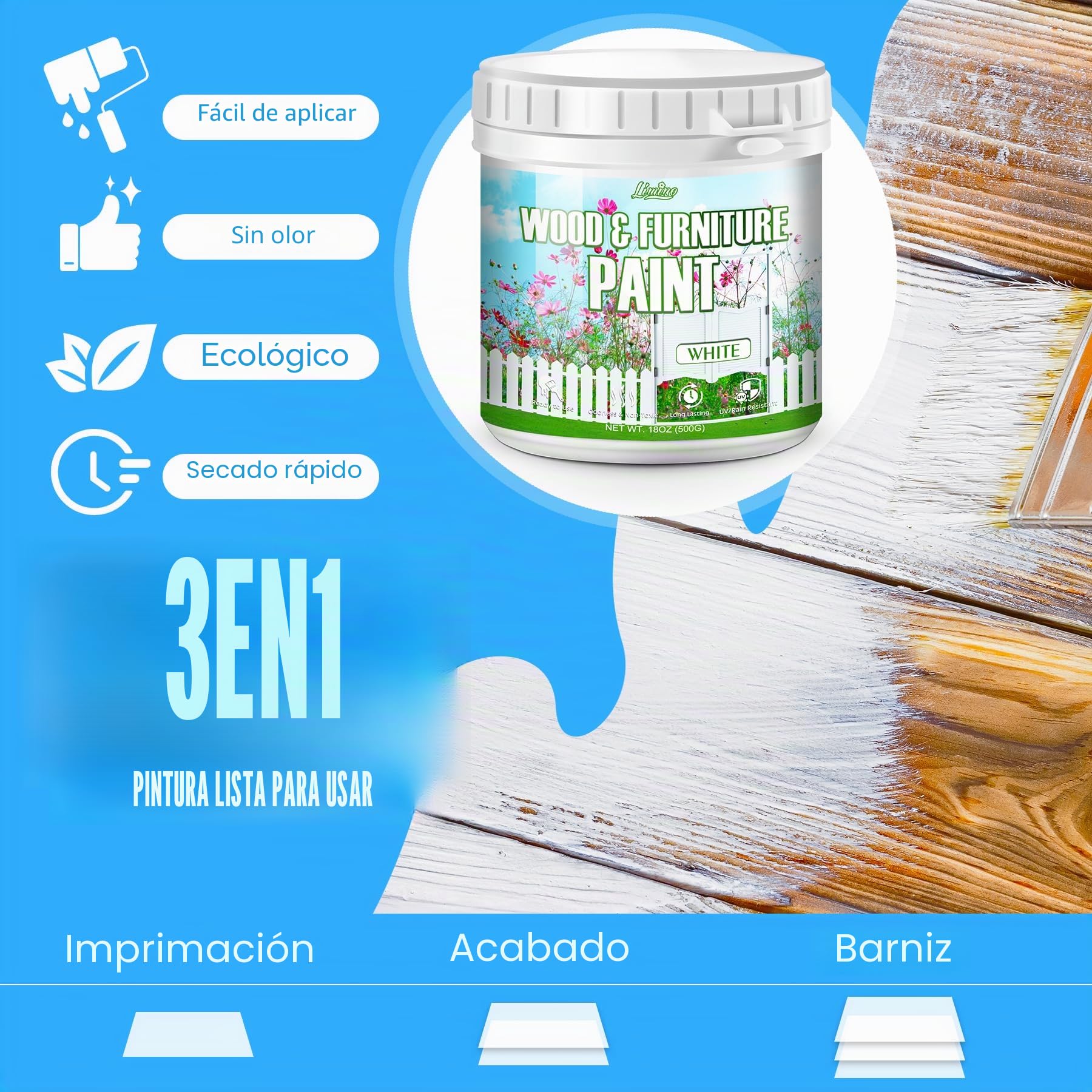 Limino Pintura para Muebles de Madera - 500g de Pintura para Madera para Muebles, Armarios, Puertas, Mesas de Comedor y Sillas, Acabado Mate al Agua, No Tóxica y de Bajo Olor, Secado Rápido (Blanco)