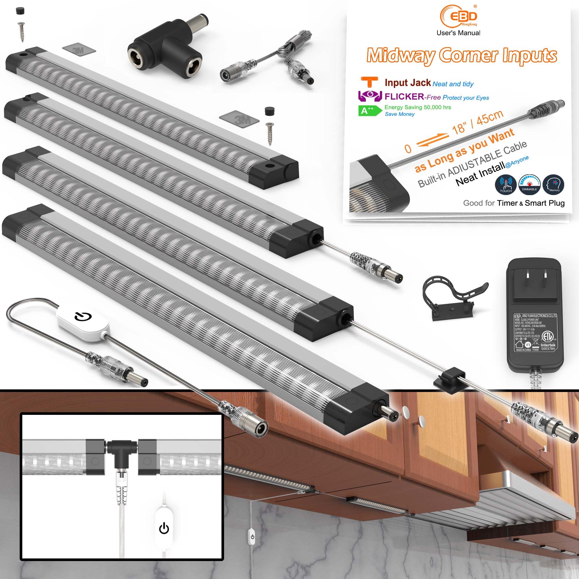 EBD LED Light Bar Built-in Adjustable Cable Mid Input Jack Under Counter Lights for Kitchen 4 Pcs Sink Light 1800 Lm 3000K Ultra Bright Pantry Lighting for Shelves Closet Shelf Locker Bookcase