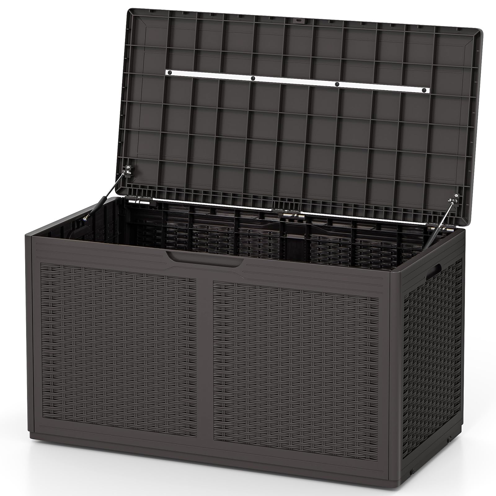 GIANTEX Coffre de Jardin Extérieur 380 L PP, Coffre de Rangement Étanche avec Couvercle, 2 Roulettes, Marron