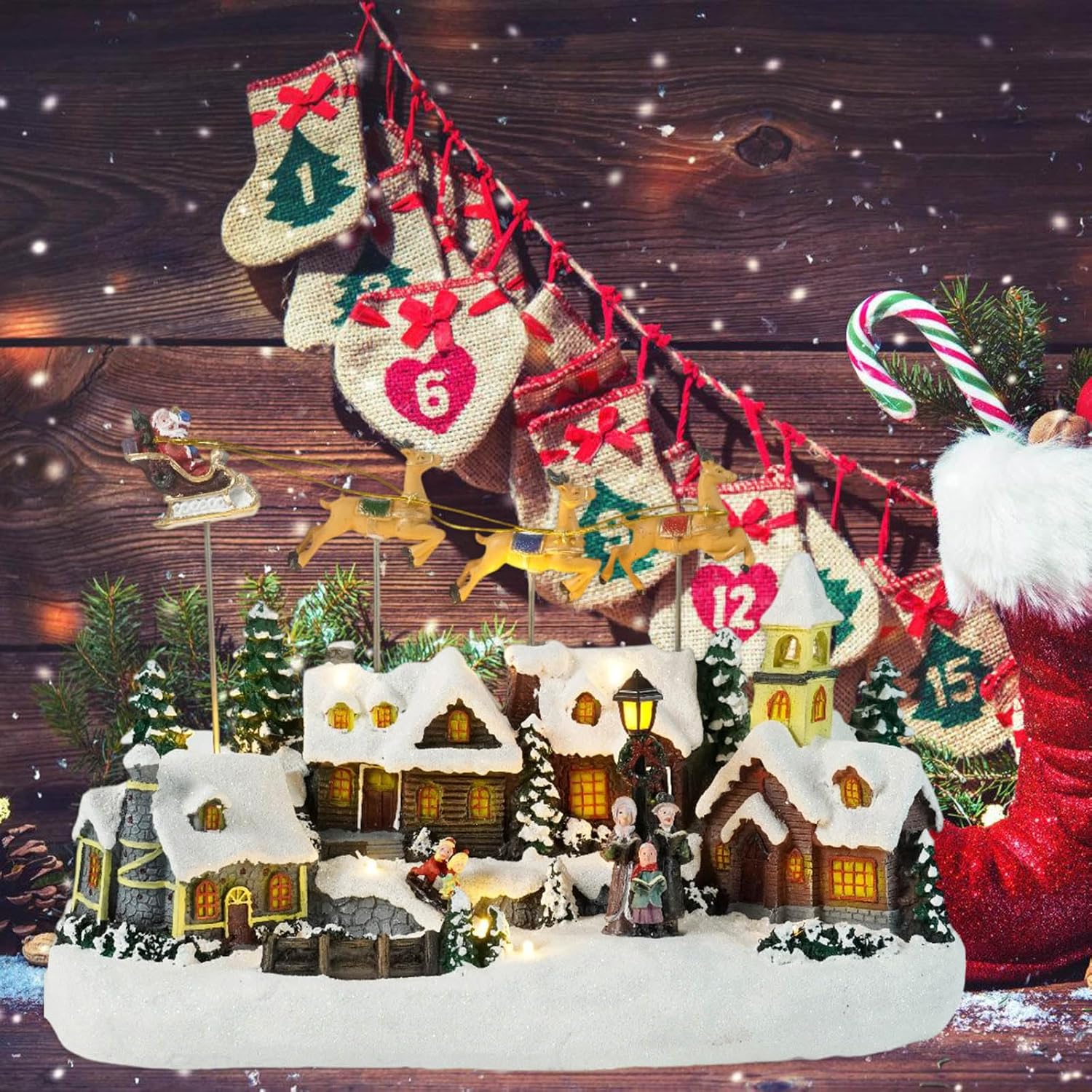 Glowing Reindeer Village House with Christmas Melodies Resin Party Decoration for Indoor Holiday Accessory Christmas Flying Deer LED Musical Ornament Lighted Festival Home Party Decoration Resin Deer