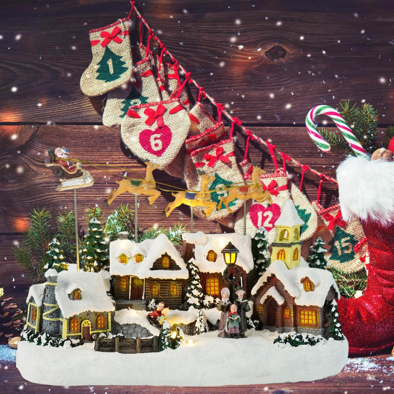 Casa di villaggio di renna incandescente con melodie natalizie in resina decorazione per feste per interni accessorio natalizio musica decorazione per la casa