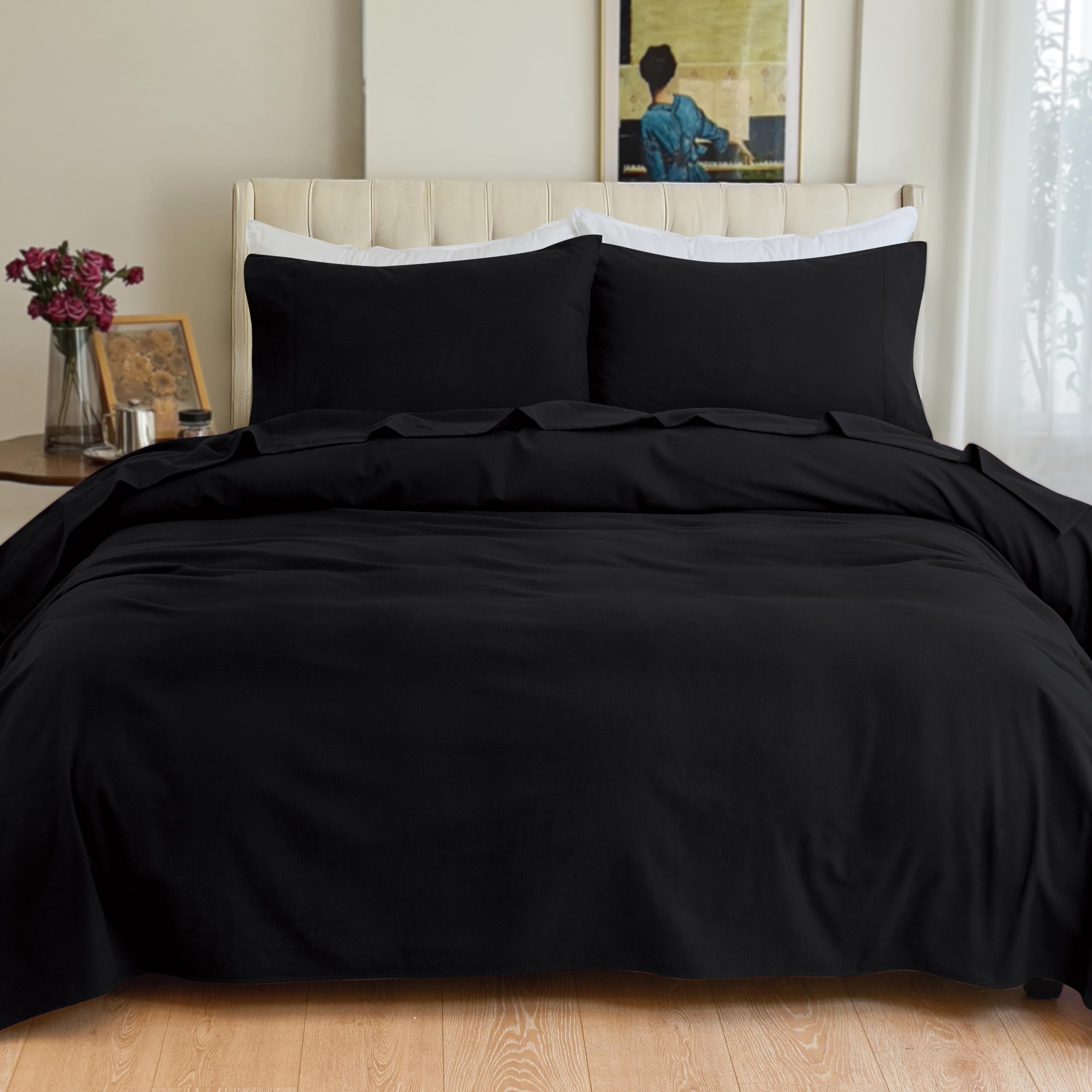 Elegant Comfort Soft 4-Piece 100% Turkish Cotton Flannel Sheet Set - Premium Quality, Deep Pocket Fitted Sheet, Ultra Soft, Cozy Warm Flannel Sheets - Twin XL, Black