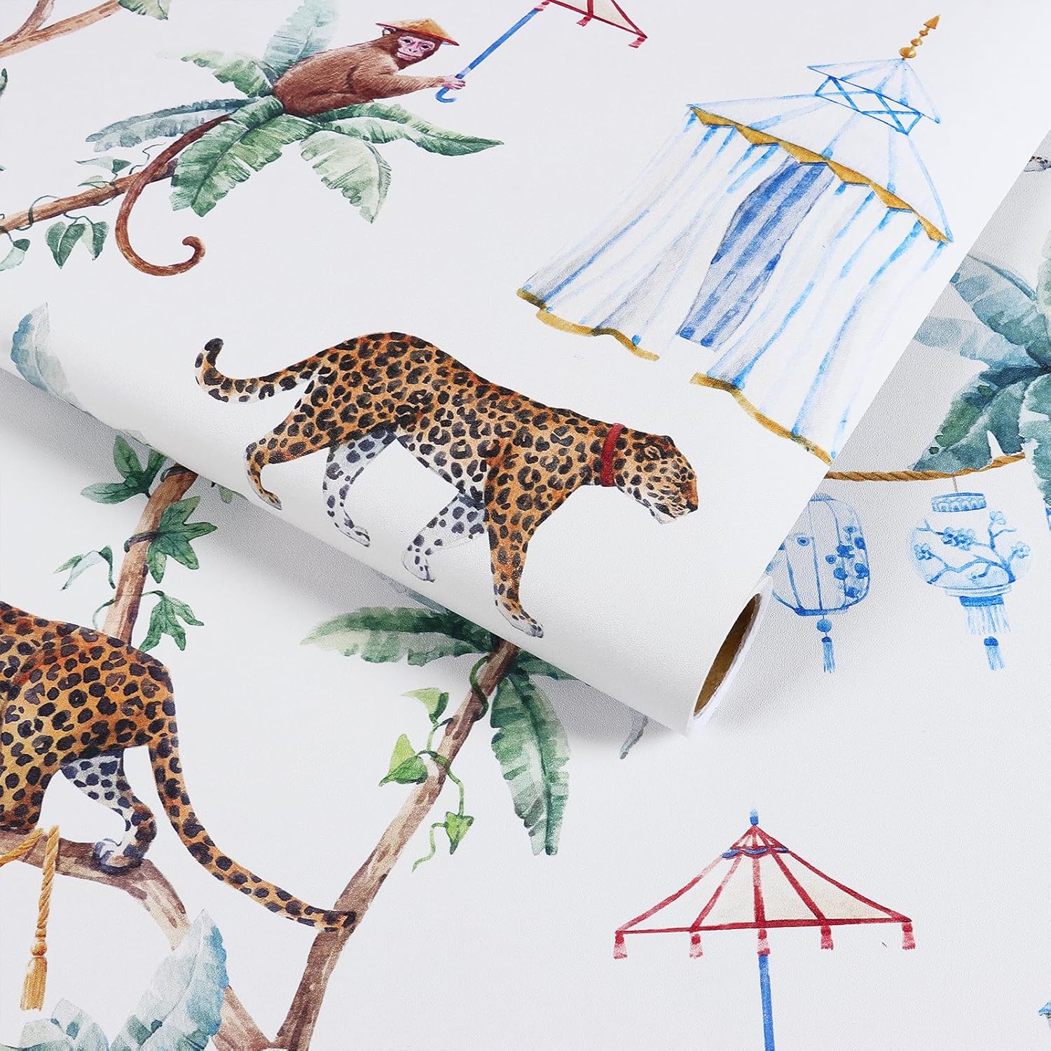 VaryStyle 17.7"x393" Tropical Palm Tree Wallpaper Peel and Stick Jungle Safari Tiger Monkey Wallpaper for Boys Room Bathroom Waterproof Vinyl Removable Wild Animal Contact Paper for Shelves Drawers