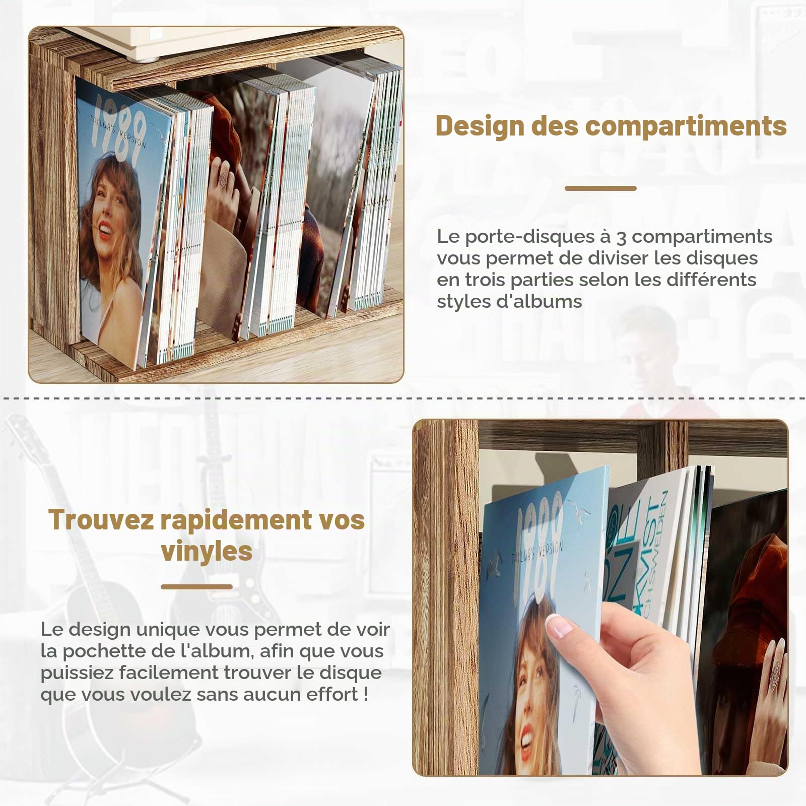 Meuble Platine Vinyle, Rangement Vinyle Étagère Mural 3 Compartiments, Support pour 100 Albums, Idéal pour Salon ou Bureau (Rustique Brun)