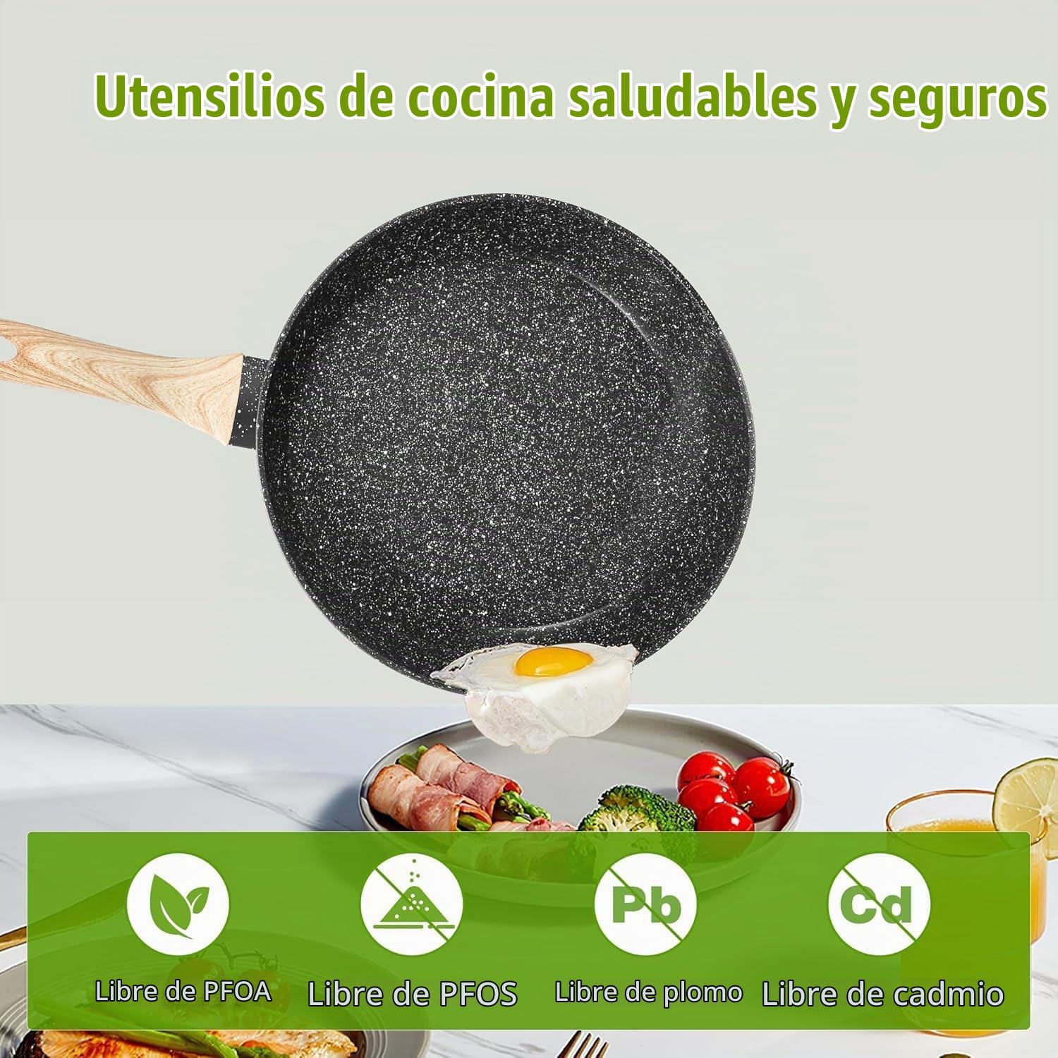 Batería de Cocina Antiadherente de 19 Piezas, Juego de Ollas y Sartenes de Inducción en Granito Negro, No Tóxico, Apta para Todas las Cocinas, Sin PFOA, PTFE, PFAS ni PFOS