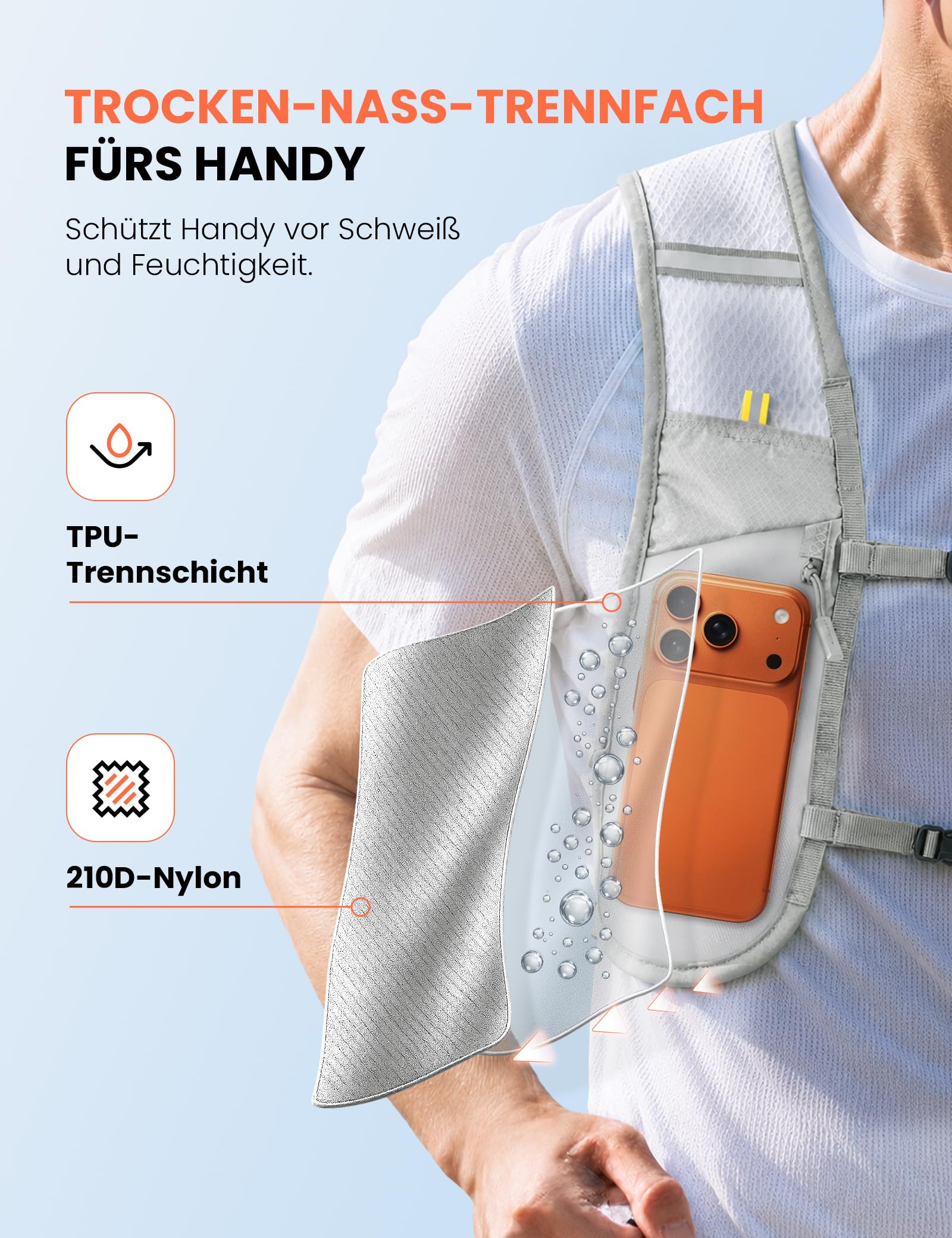 SKYSPER Laufweste Damen und Herren Laufrucksack 8L | mit Wasserdichter Handytasche und 500ml Trinkflasche, Leicht und Verstellbar für Jogging Trailrunning Marathon