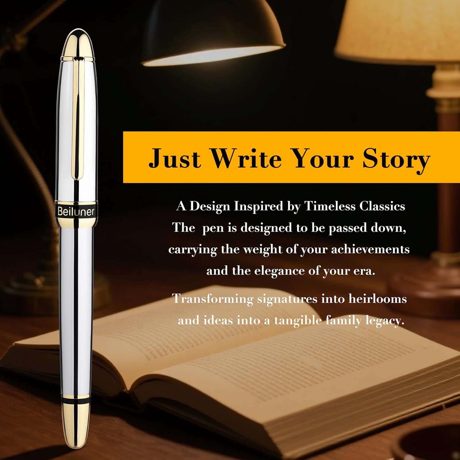 BEILUNER 315 Silver Chrome Fountain Pen,Stunning Luxury Pens with 24K Gold Accents, Gorgeous 24K Gilded Nib(Fine), Ink Converter,Fancy Pen Gift for Men&Women-Elegant, Office, Writing, Nice Design