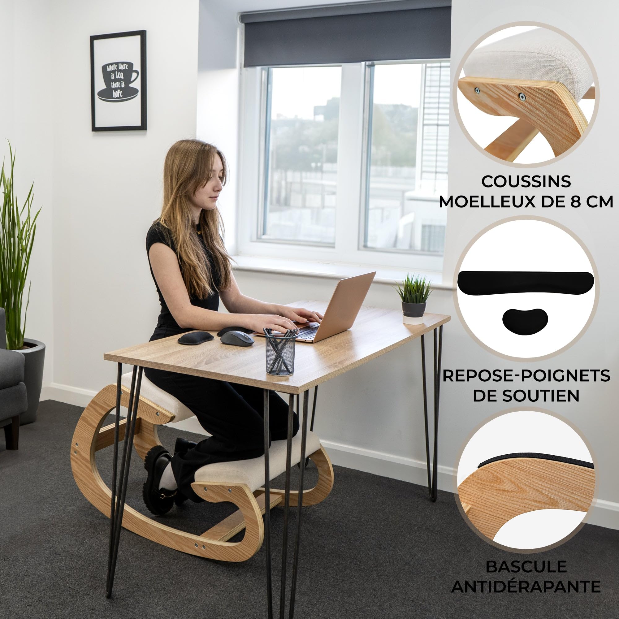 Chaise Ergonomique à Genoux en Bois Chêne Coussins en Lin Blanc Épais 8 cm Capacité de 120 kg - Bureau & Maison - Siège à Bascule Orthopédique – Meilleure Posture [2 Repose-Poignets INCLUS]