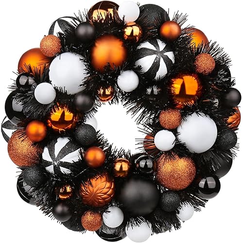 Christmas Ball Wreath 13" Xmas Wreaths Ornaments Glitter Thicken Shatterproof Garland Decoration for Front Door Wall Mantel Holiday Halloween Party Decor, White & Black & Orange