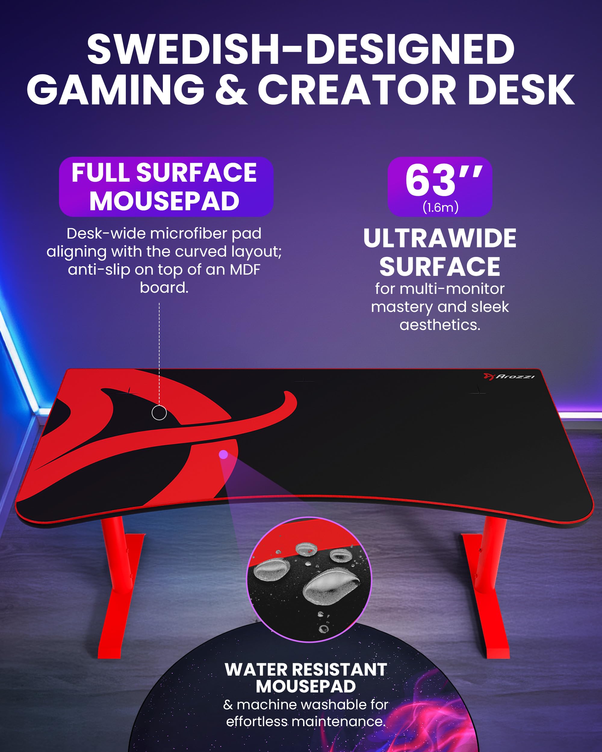 Arozzi Arena Gaming Desk Large - Red, Mesa Gaming roja con Alfombrilla Full Surface, Escritorio Gamer 160x82 cm con gestión de Cables, Cesta de Malla y Estructura Robusta, hasta 80 kg