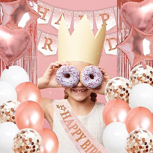 Miniatura 2 de Decoraciones de cumpleaños número 10 para niña  (Total 166 piezas) pancarta de oro rosa, fondos de aluminio, globos, platos y servilletas, tazas,