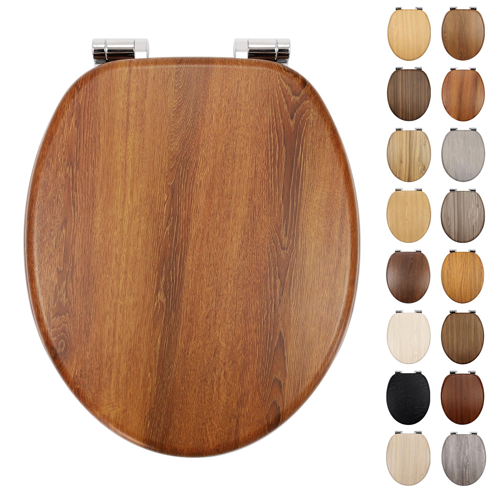 Fanmitrk Standard Wooden Toilet Seat Soft Close, MDF Adjustable Zinc Alloy Hinges with Bottom Fixture,Easy to Clean and Install for Bathroom(JH4704-01) — image 1