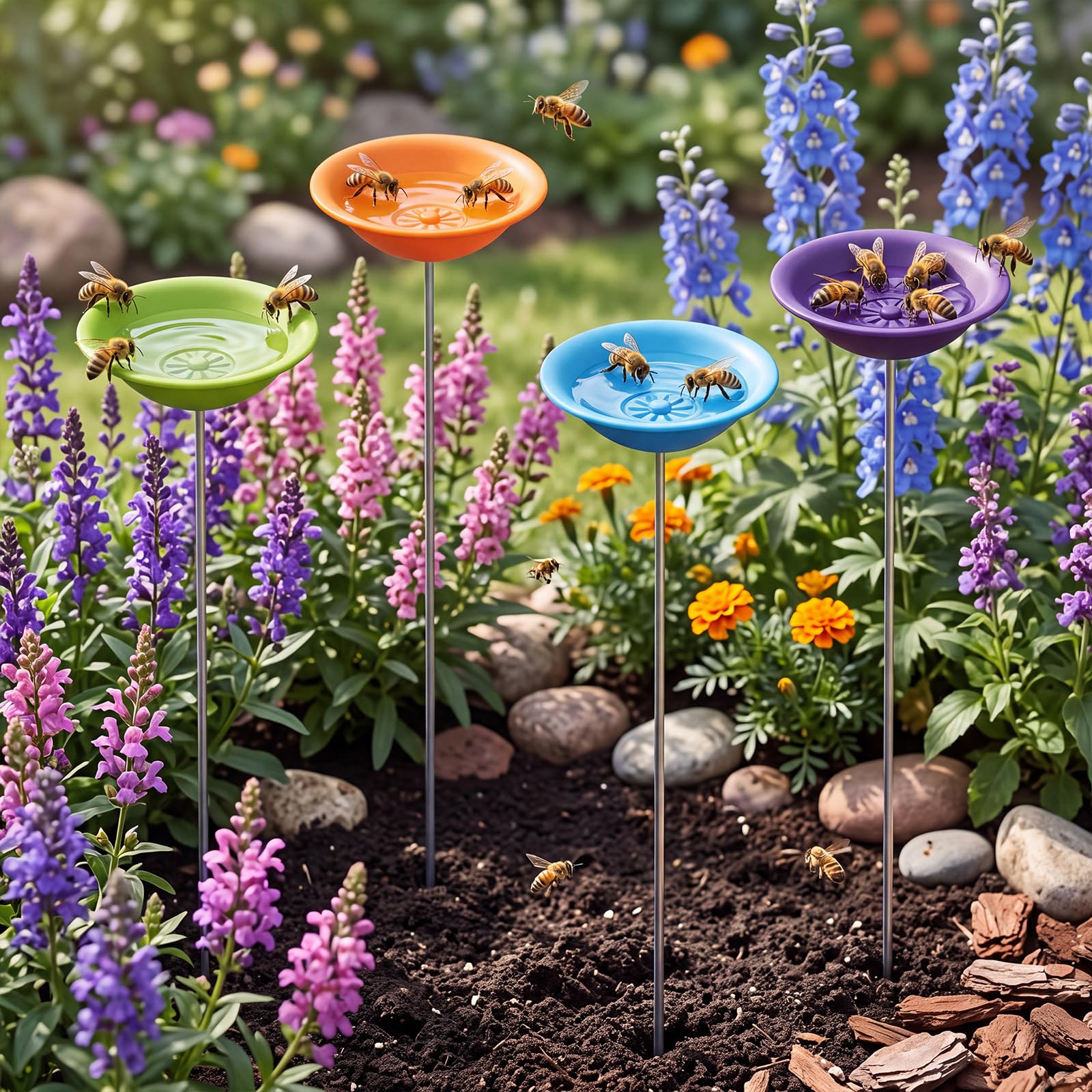 4 Pack Resin Flower Water Stations Cups Garden Stakes, Rainbow, Novel
