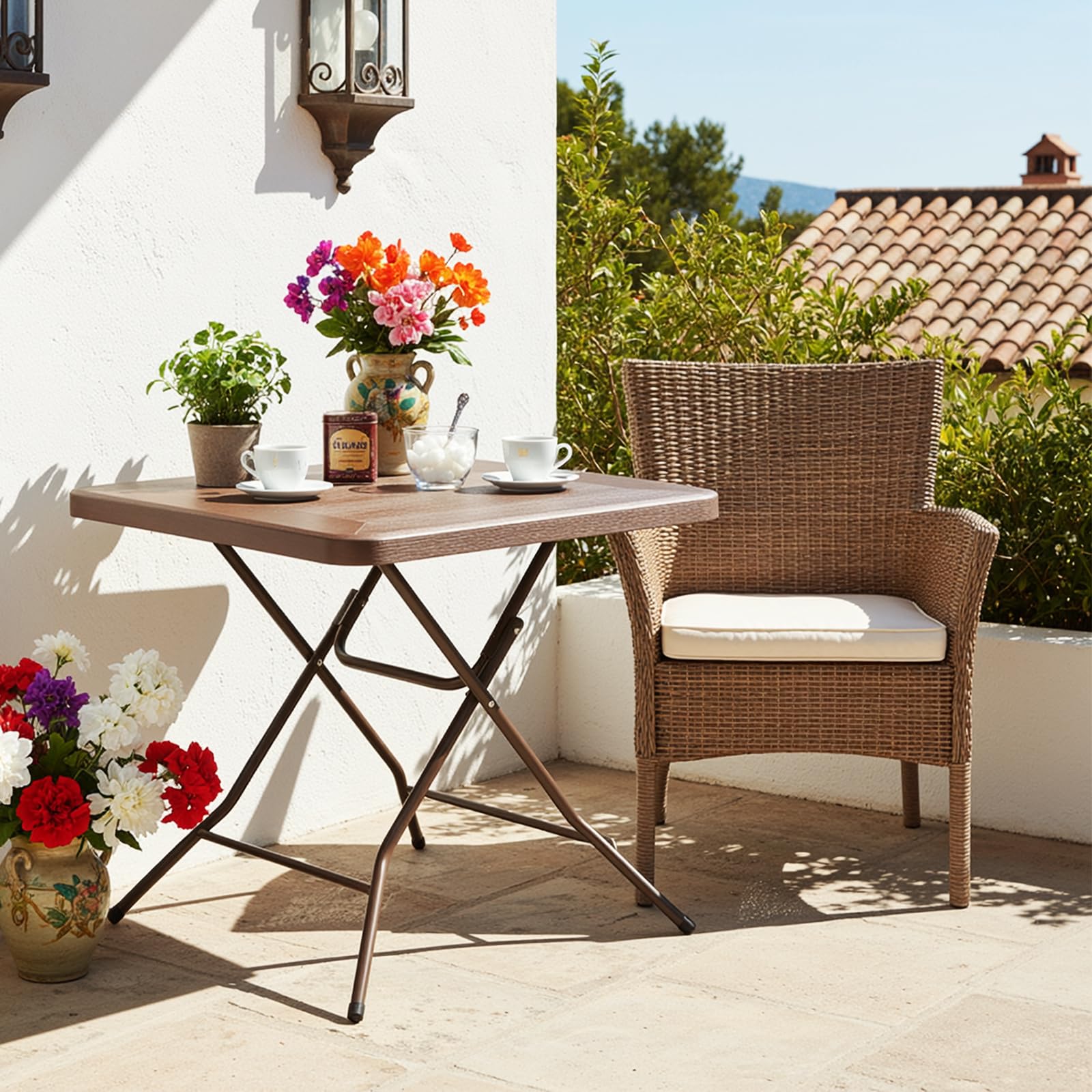 Clevich Mesa de jardín 80 x 80 x 74 cm, Mesa Plegable Portátil, Estructura de Acero y Espesar HDPE, Mesa de Camping, Resistente a la Intemperie, fácil de Limpiar para jardín, Terraza (Marrón)