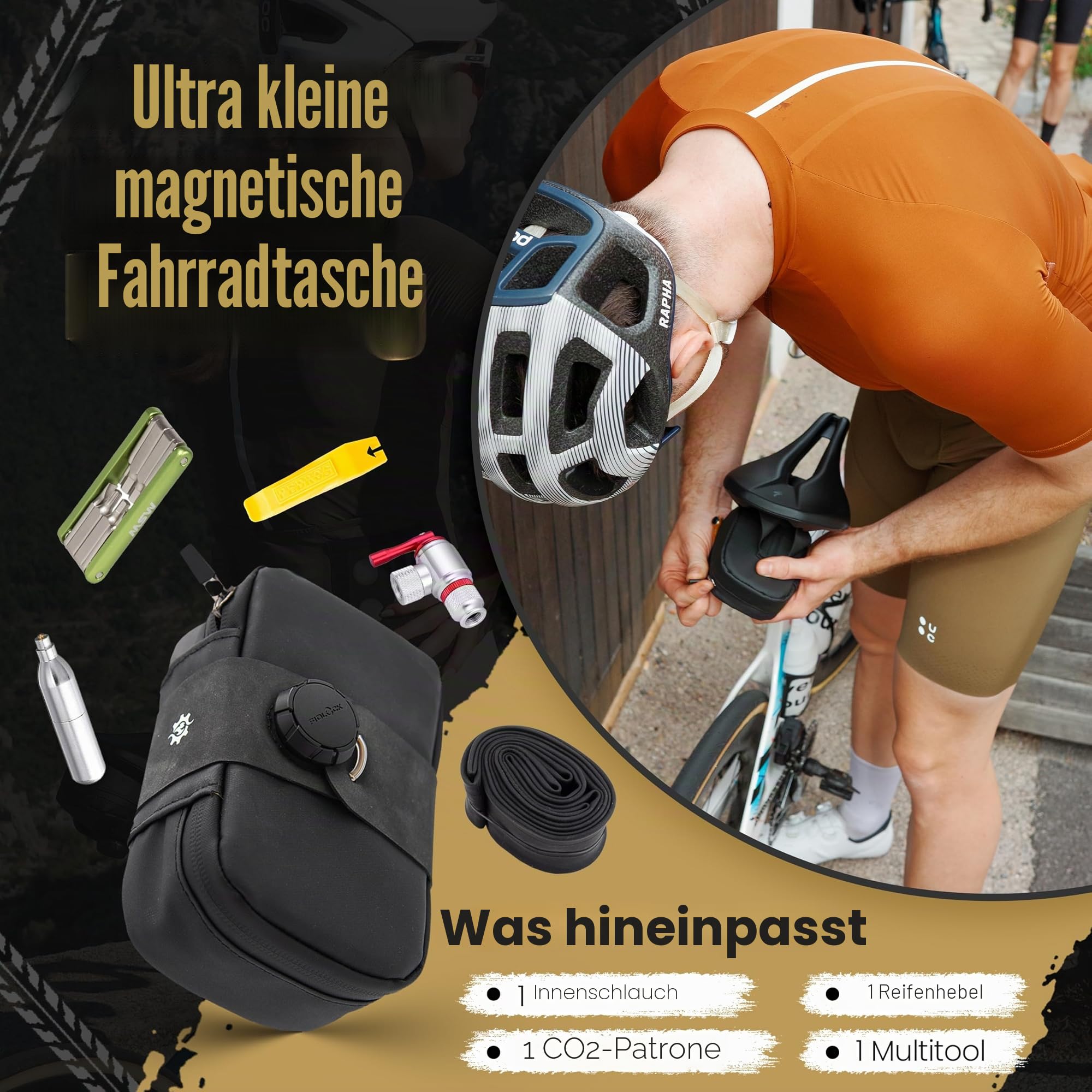 Lumiere & Co. Falcon Magnetische Satteltasche – 0,37 l | 12,7 cm x 7,6 cm x 3,8 cm | Schlankes, minimalistisches Design, schnelle Befestigung mit Magnetverschluss | Fahrradtasche (Schwarz, Klein)