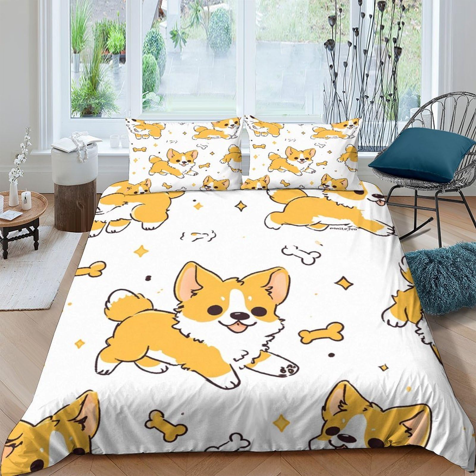 Ctjqhvkz Style-4 3D Printed Cartoon Corgi Fitted Sheet Microfiber Soft Breathable Dog Bone Bed Cover For Bedroom Dorm Decor Mattress Protection Single（135X200cm）