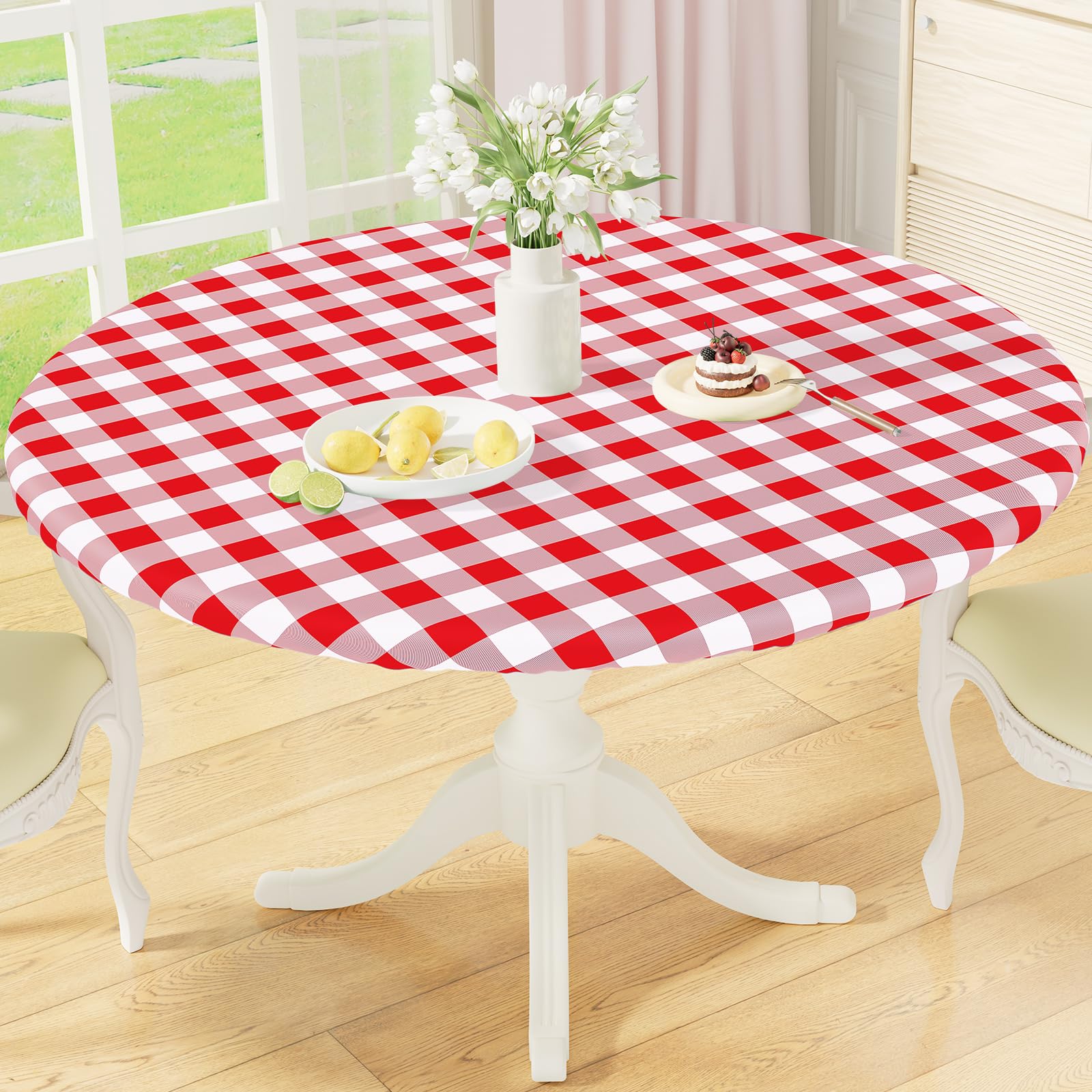 misaya Round Fitted Tablecloth with Elastic Edge, Buffalo Plaid Waterproof Vinyl Flannel Backed Table Cloth Cover Fits 36"-44" Round Tables for Dinner, Outdoor, Picnic, Red White Check