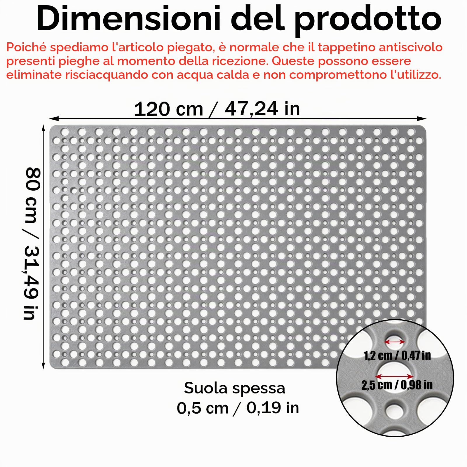80 x 120 cm Grigio Tappetino Doccia Antiscivolo, Rettangolare Tappeto vasca, Tappeto Doccia Antiscivolo con Ventose e Fori di Drenaggio, Contiene TPE, Utilizzabile in Bagno, Vasca da Bagno e Cucina