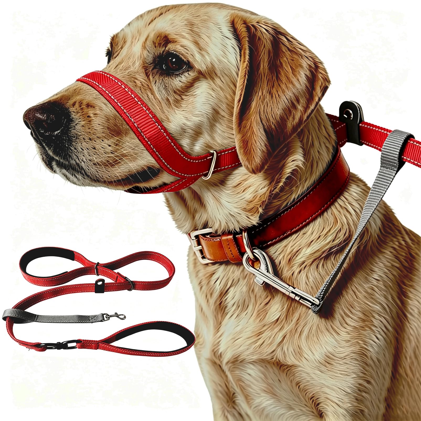 Figure of 8 Dog Lead with Anti-Tangle Flat No Pull Slip Leads Reflective with Comfy Padded Handle and Padded Nose Support Training Leash Suitable For All dog Breeds (Red, 150cm)