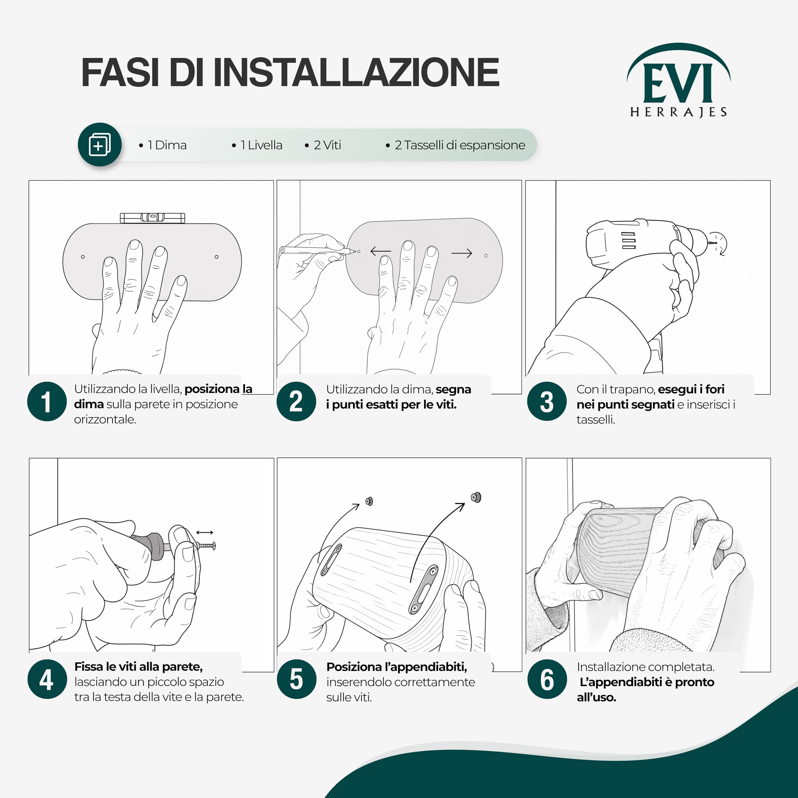 EVI Herrajes | Appendiabiti da parete a 2 ganci | Legno massello di rovere rosso | Ganci in ottone satinato | Kit di montaggio incluso | Mod. Cova 2CRRLMT