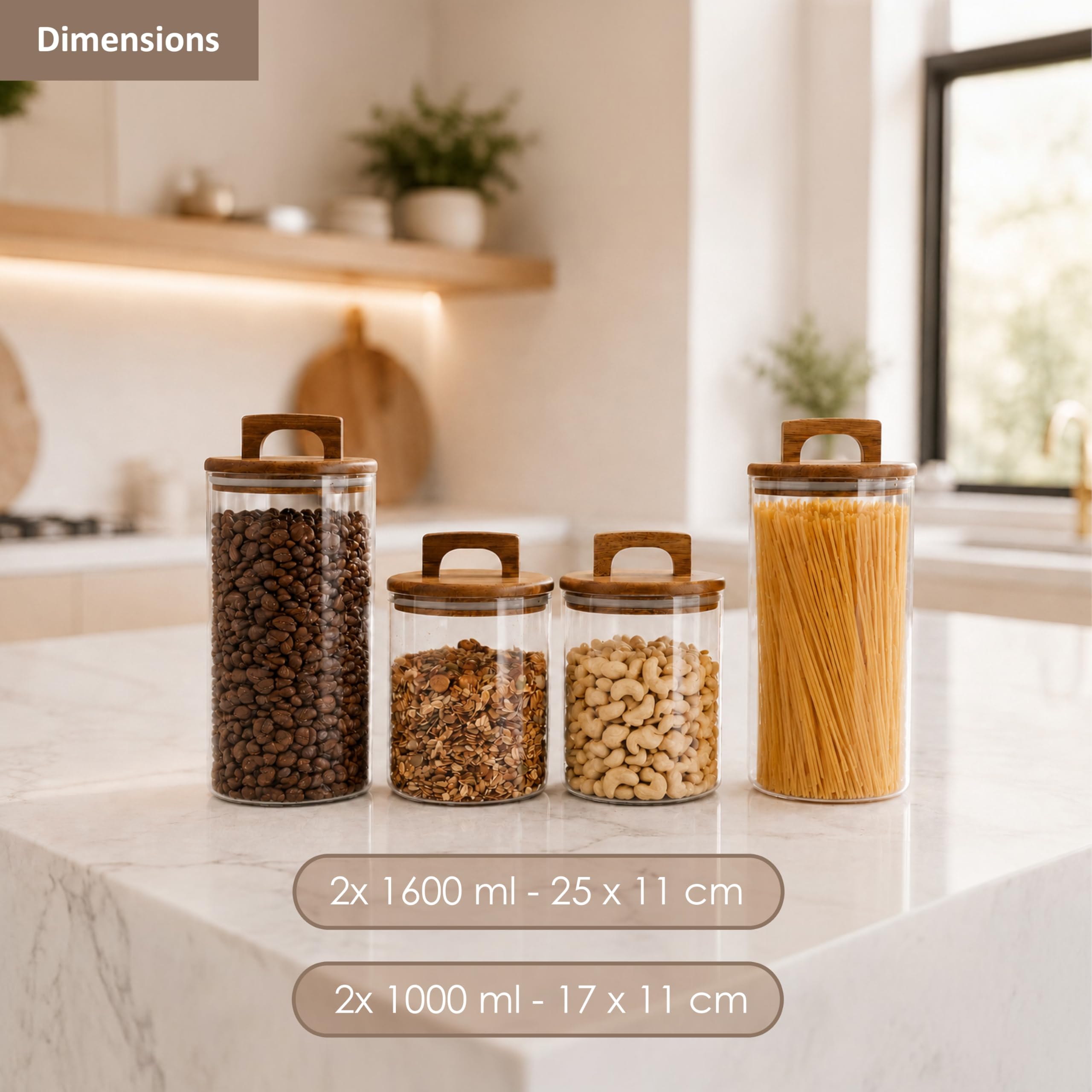 Bocaux en verre avec couvercle en acacia – Lot de 4 bocaux de conservation hermétiques 1000 ml & 1600 ml – Boite de rangement cuisine pour pâtes, riz, café et aliments